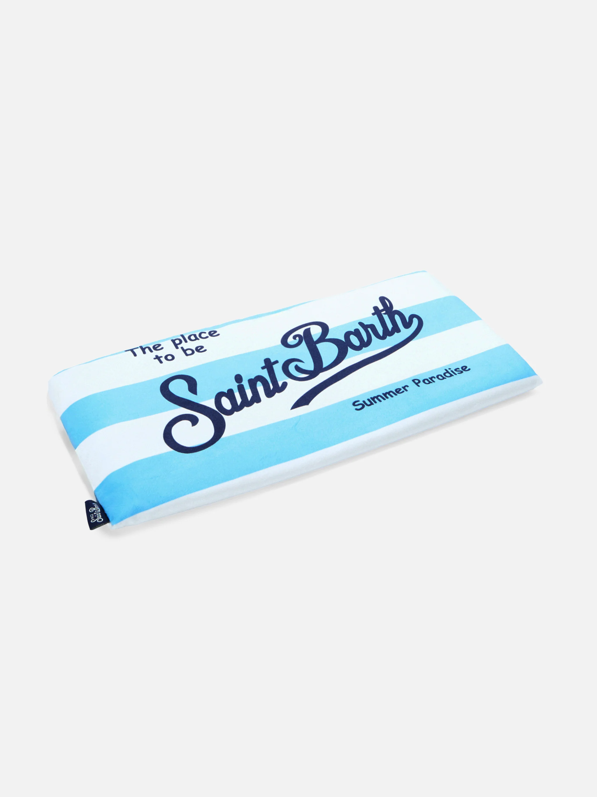Aidan beach towel with light blue and white stripes and logo - Image 3