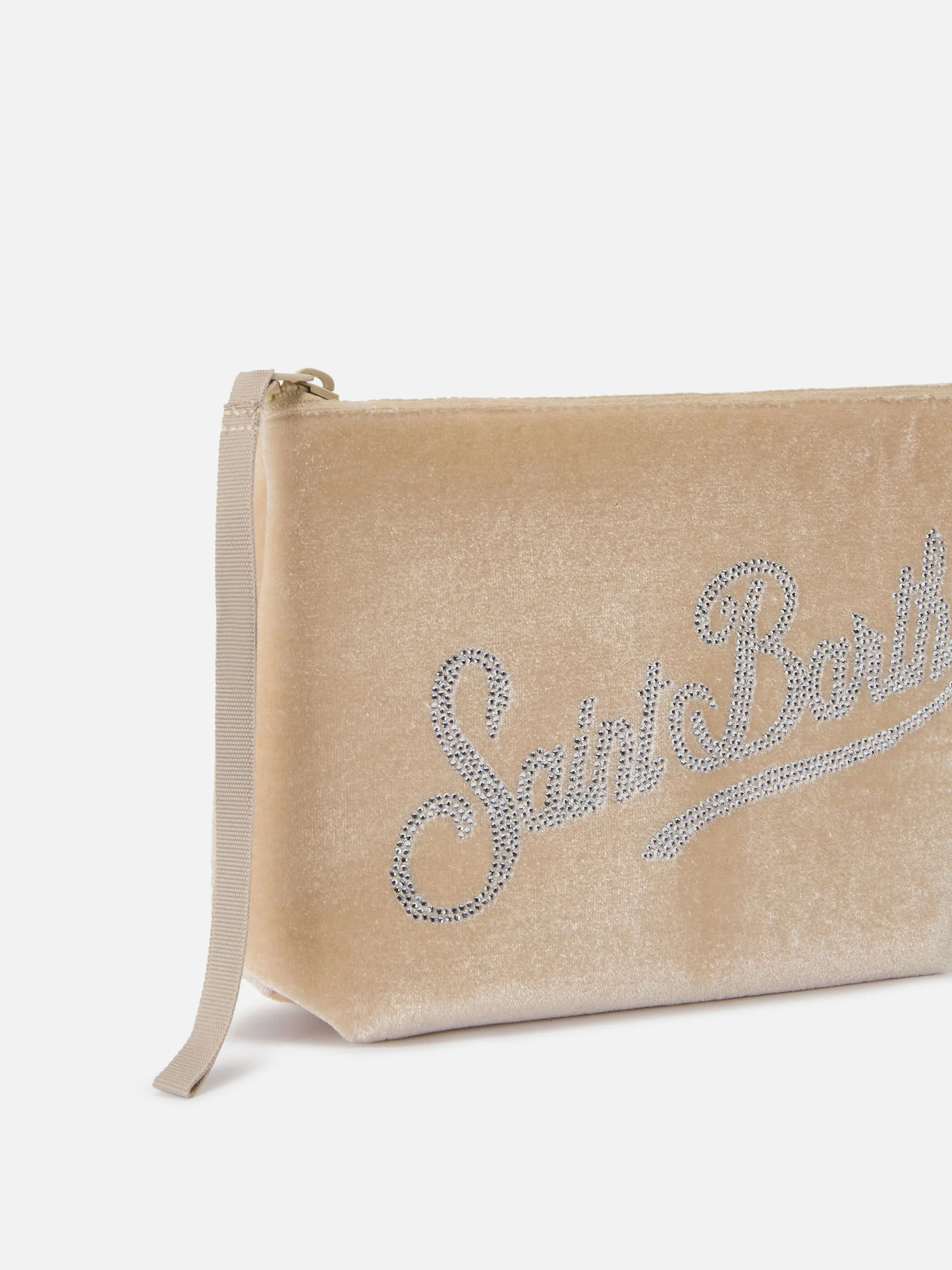 Aline beige velvet-effect scuba pouch with rhinestone logo - Image 2