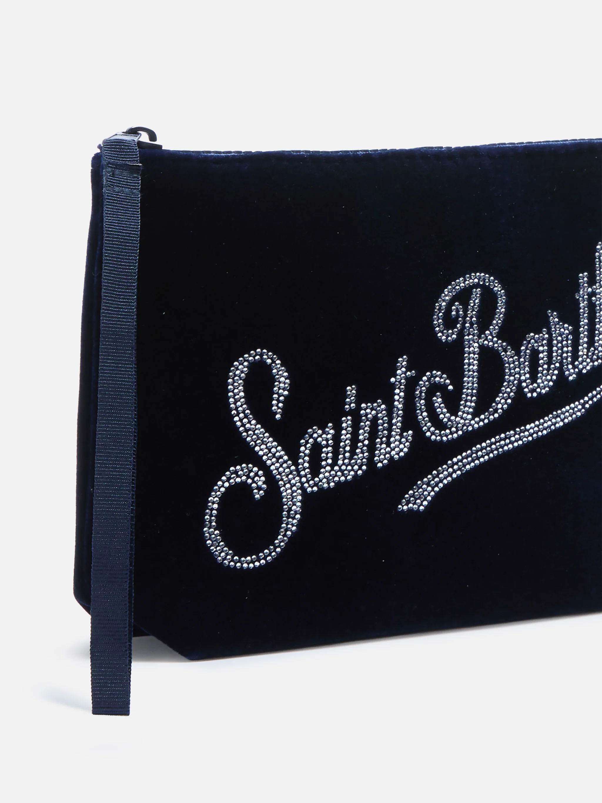 Aline blue velvet-effect scuba pouch with rhinestone logo - Image 2