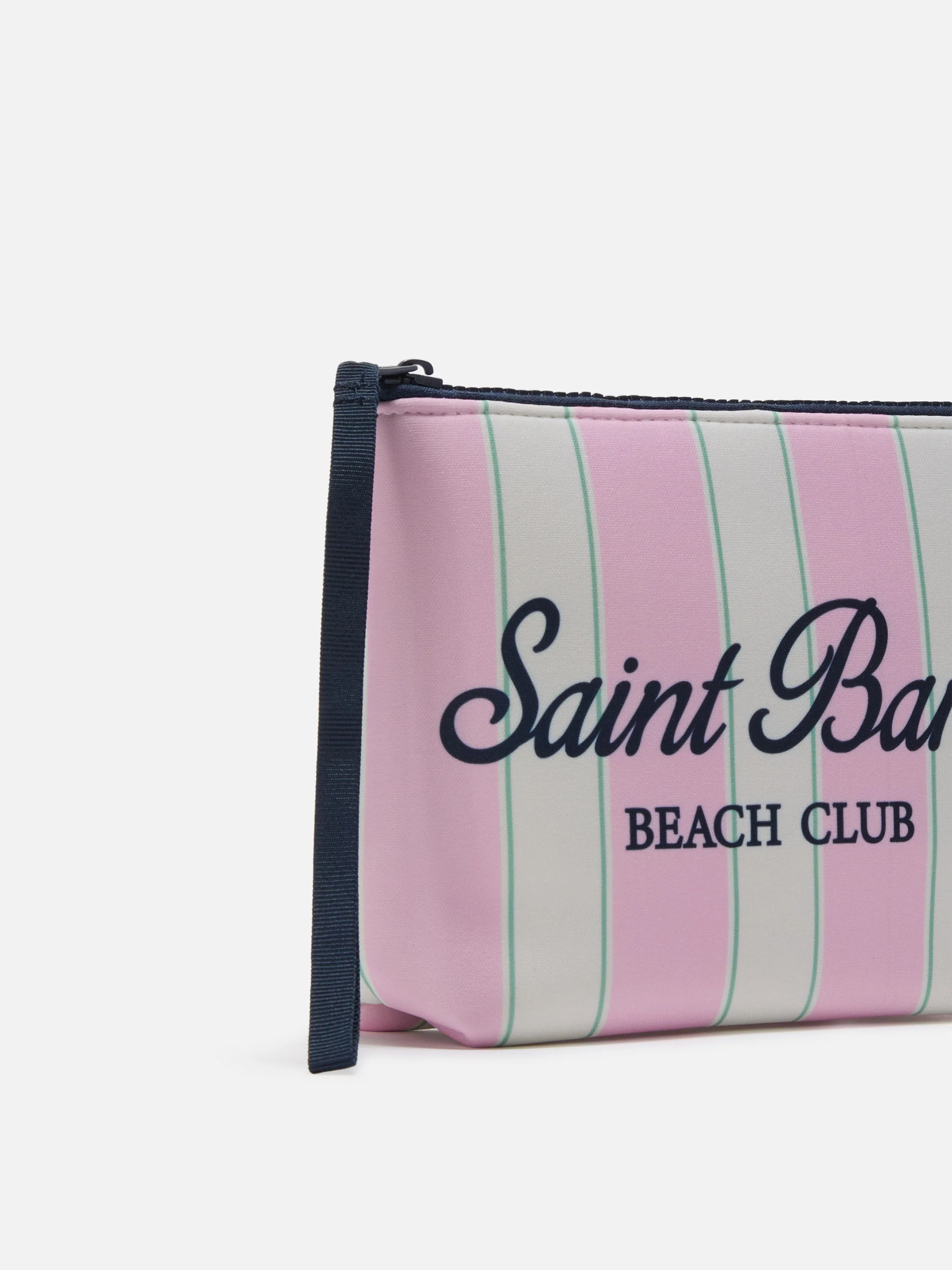 Aline scuba pouch with pink and green striped print and Beach Club logo - Image 2