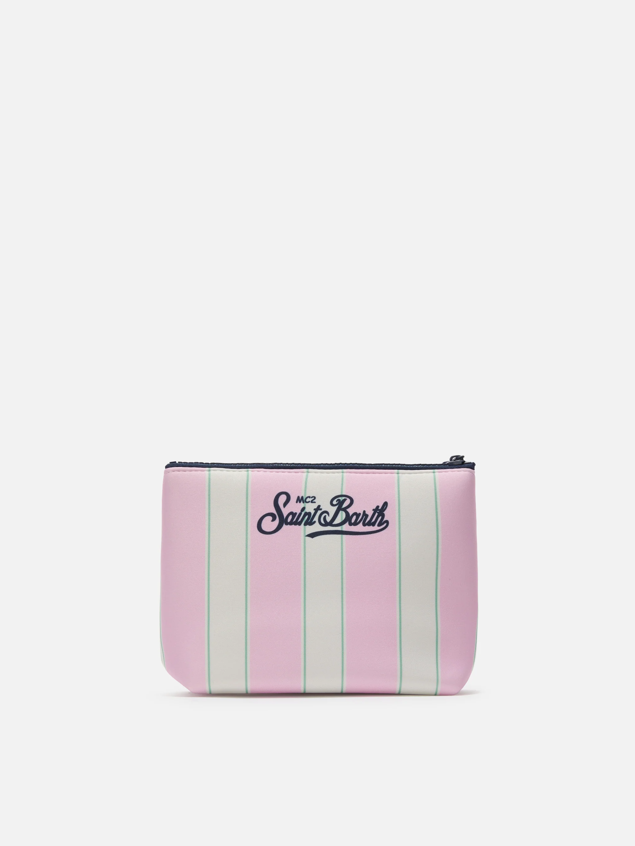 Aline scuba pouch with pink and green striped print and Beach Club logo - Image 3