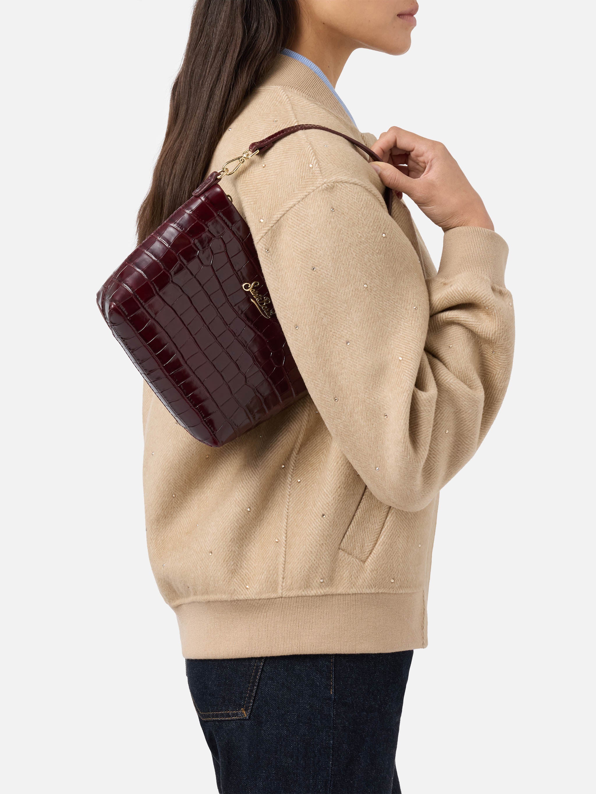 Aline Shoulder Bag in crocodile-print bordeaux leather - Image 2