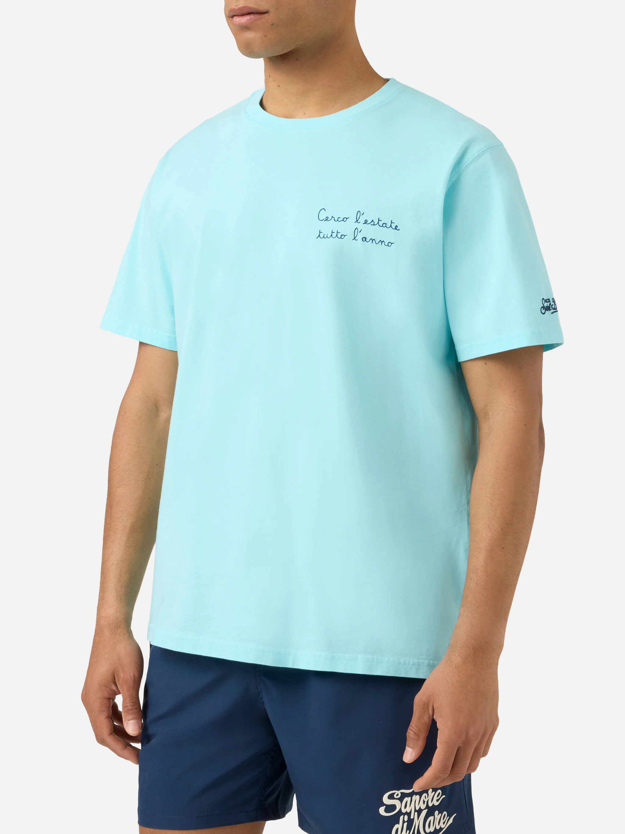 Aqua green Portofino T-shirt with Cerco L'estate Tutto L'anno embroidery - Image 3