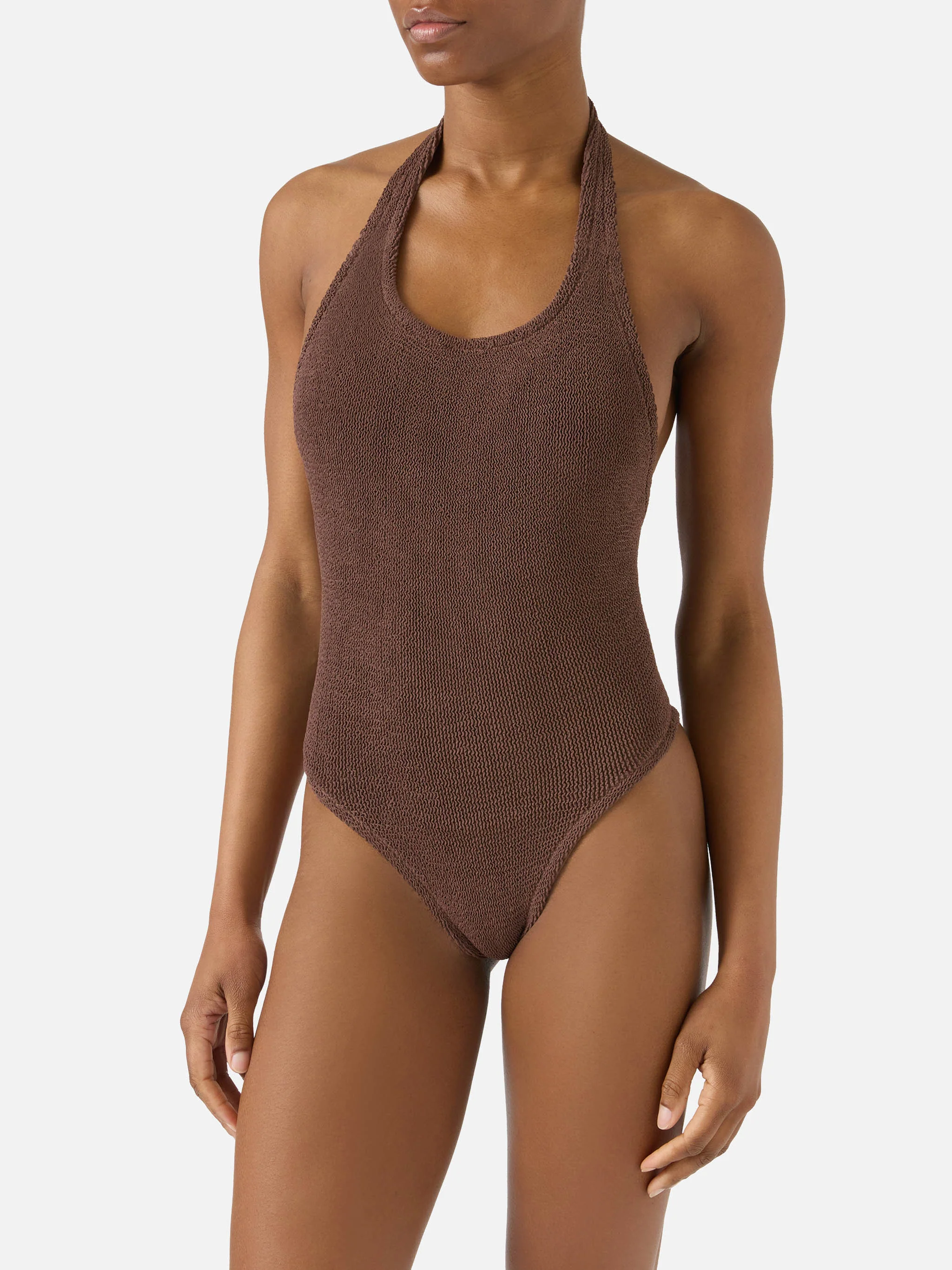 Aria one-piece swimsuit in brown crinkle fabric - Image 2
