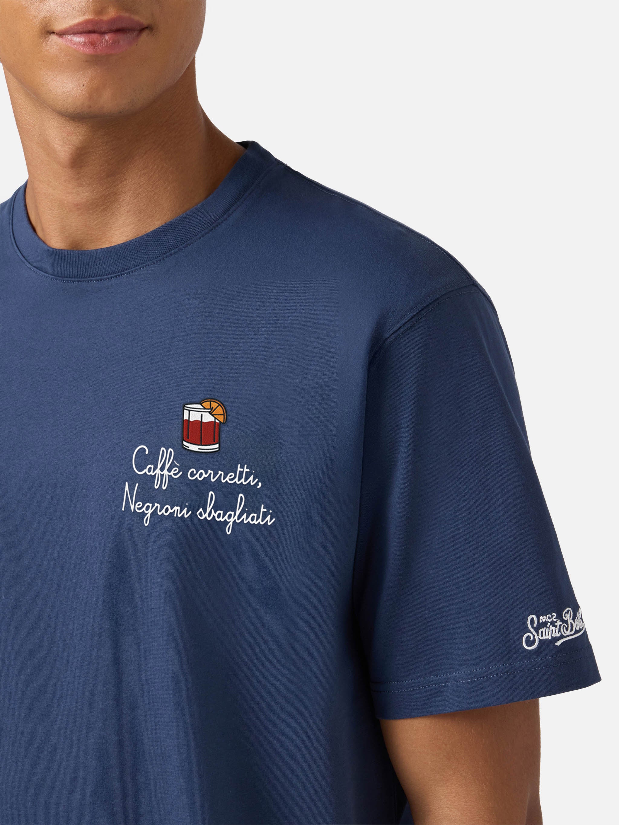 Arnott cotton T-shirt in blue with Caffè Corretti Negroni Sbagliati embroidery - Image 2