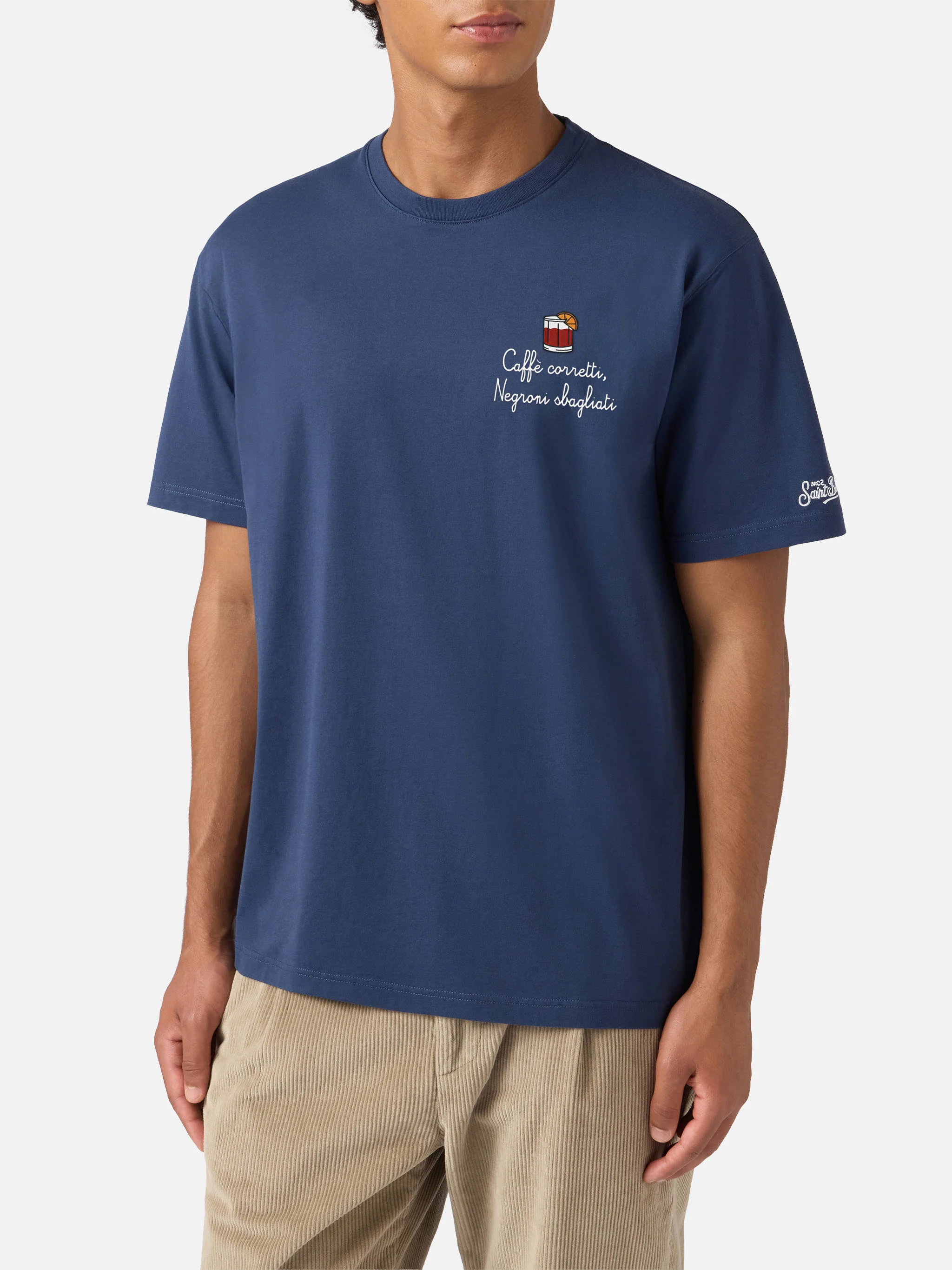 Arnott cotton T-shirt in blue with Caffè Corretti Negroni Sbagliati embroidery - Image 3