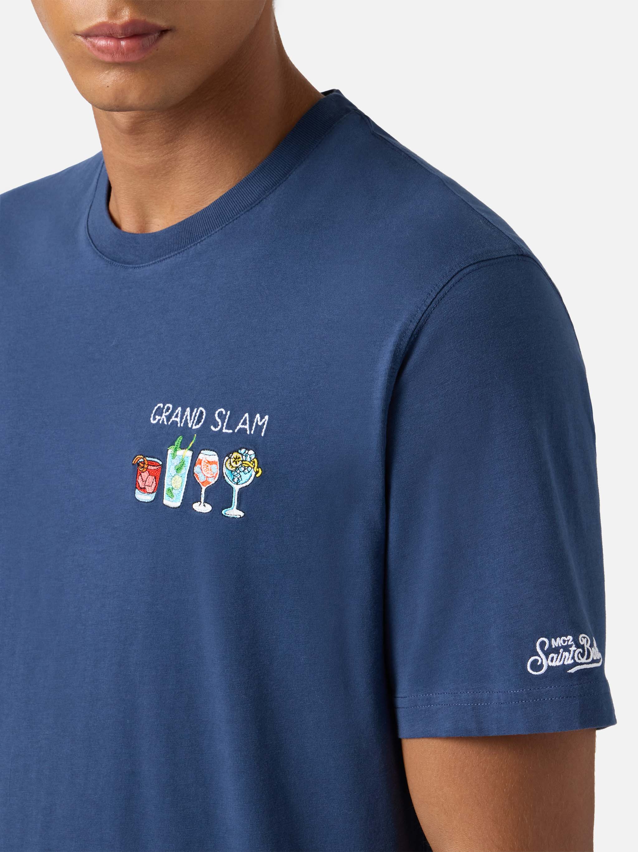 Arnott cotton T-shirt in blue with Grand Slam embroidery and bottle print - Image 2