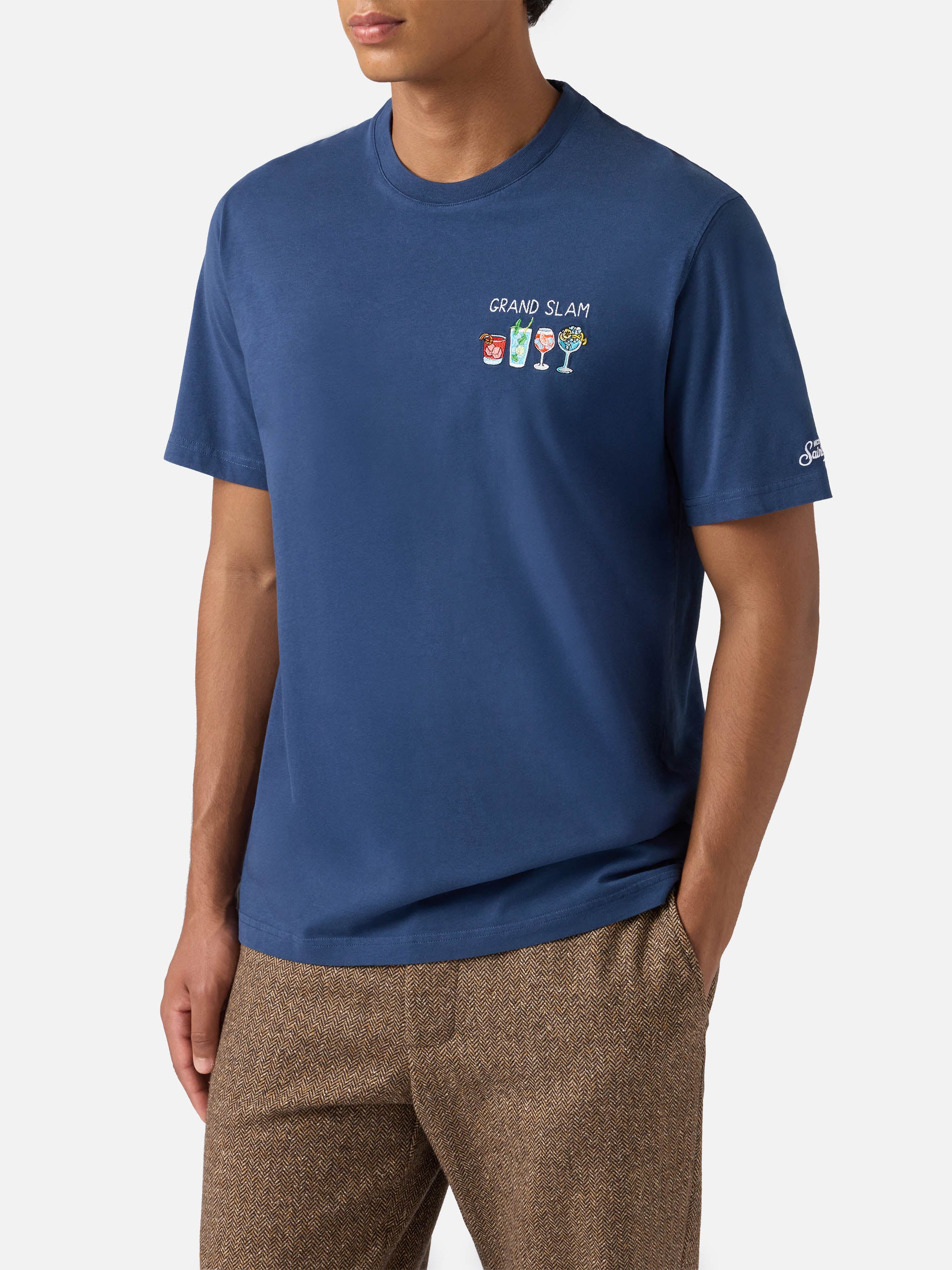 Arnott cotton T-shirt in blue with Grand Slam embroidery and bottle print - Image 3