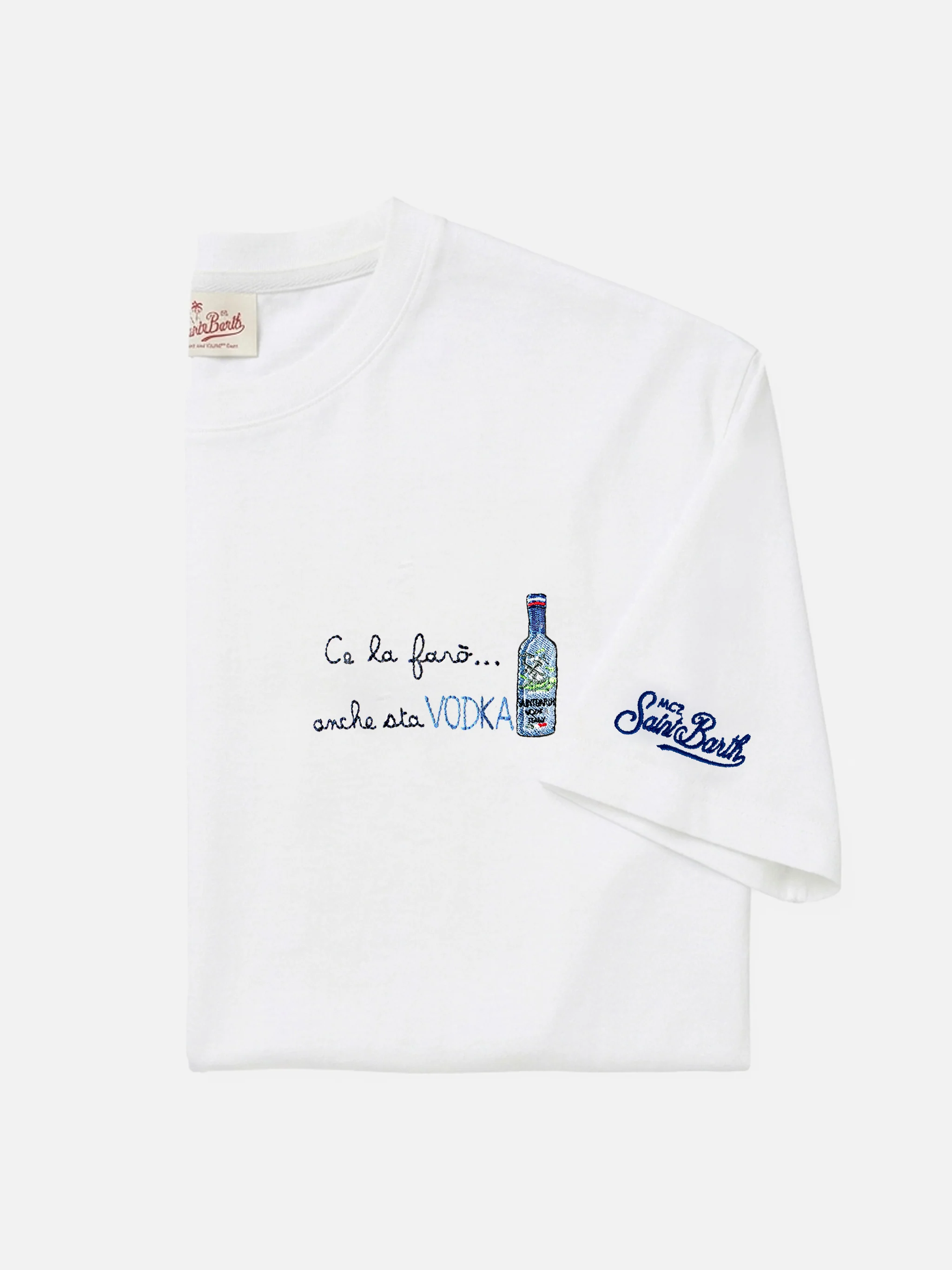 Arnott cotton T-shirt in white with Ce la farò anche sta Vodka embroidery