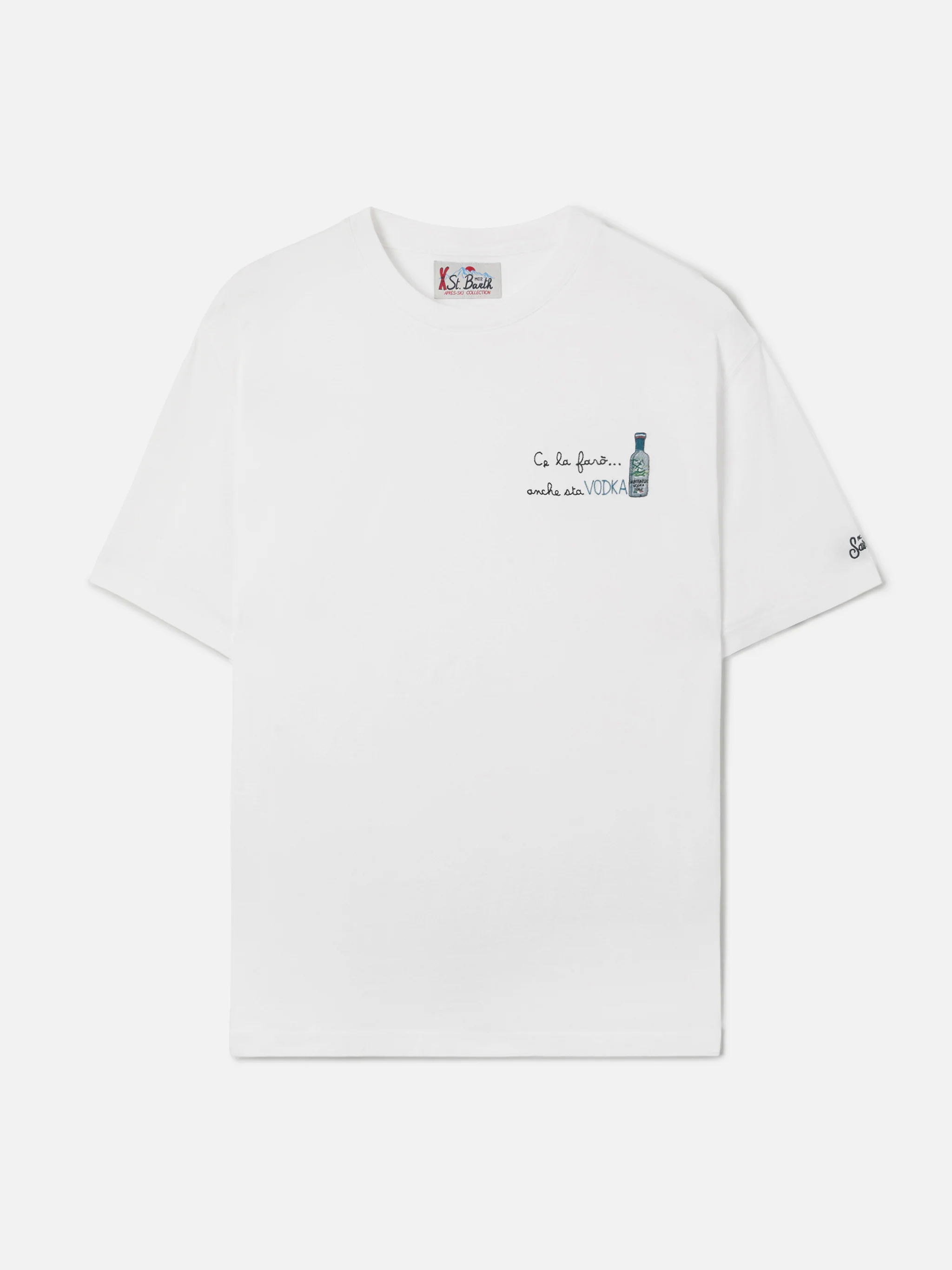 Arnott cotton T-shirt in white with Ce la farò anche sta Vodka embroidery - Image 5