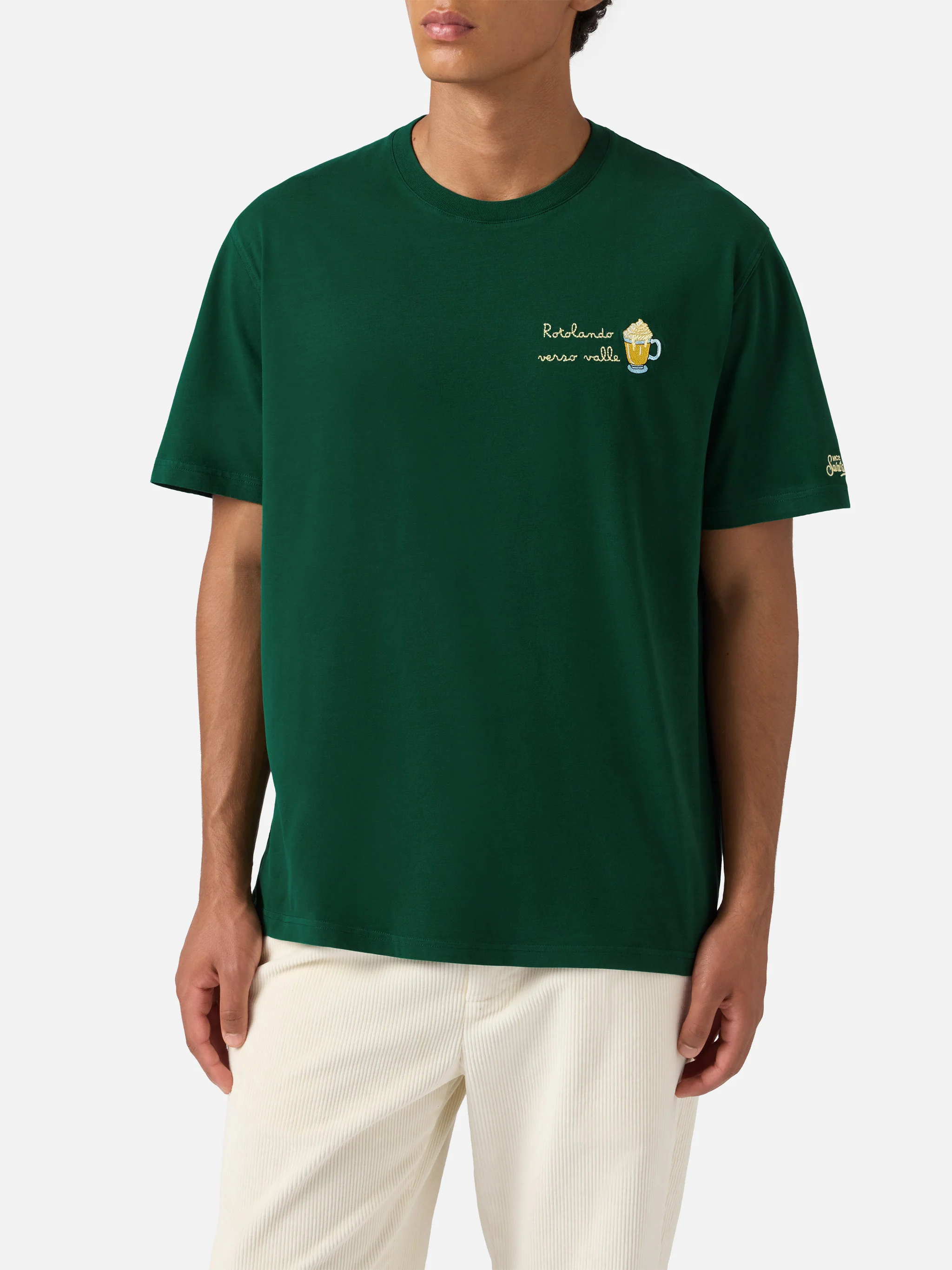 Arnott warm-touch cotton T-shirt in green with Rotolando verso valle embroidery - Image 3