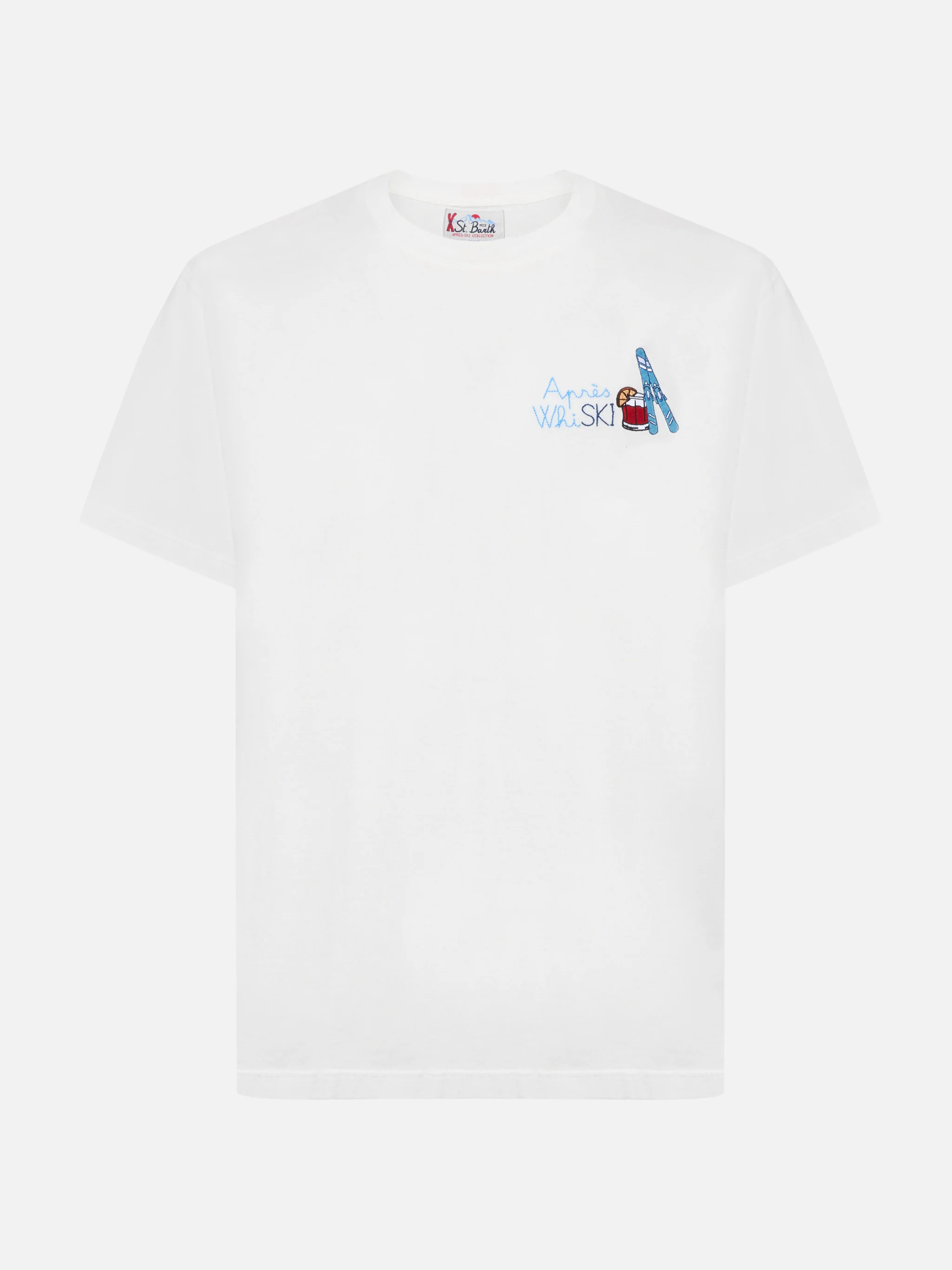 Arnott Warm winter cotton T-shirt in white with Après Ski embroidery - Image 4