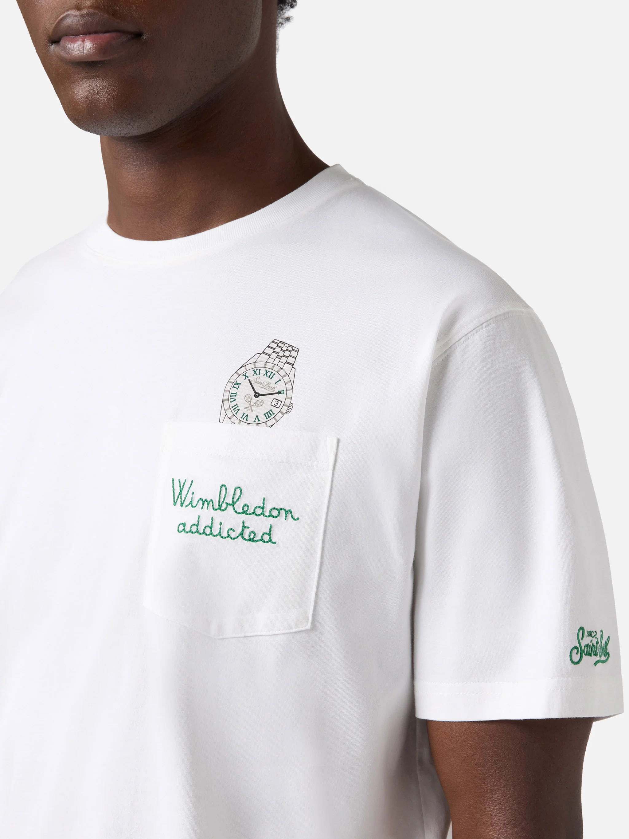 White Austin t-shirt with watch and Wimbledon Addicted embroidery - Image 2