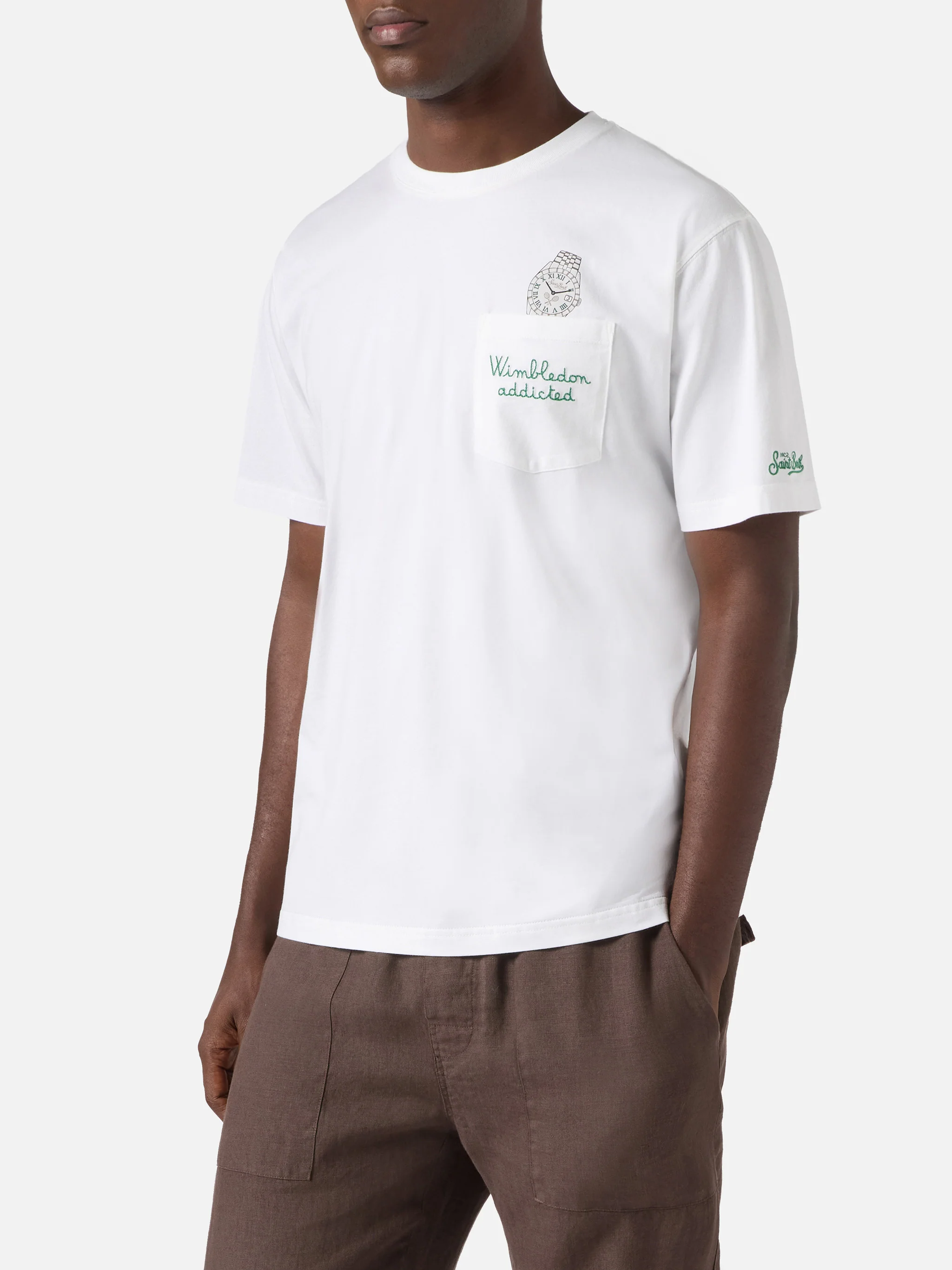 White Austin t-shirt with watch and Wimbledon Addicted embroidery - Image 3