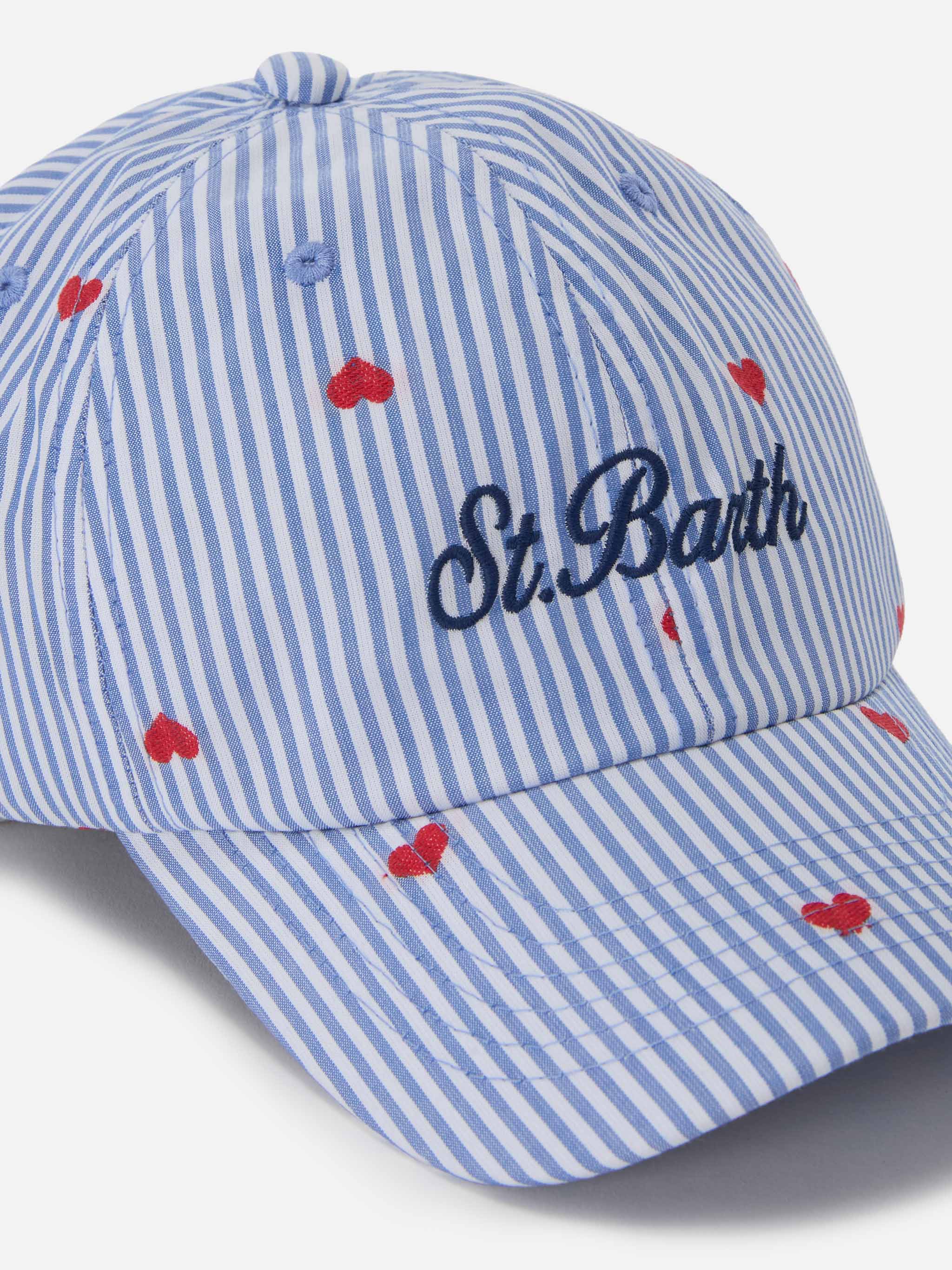 Baseball cap with visor in blue and white striped cotton with heart embroidery - Image 2