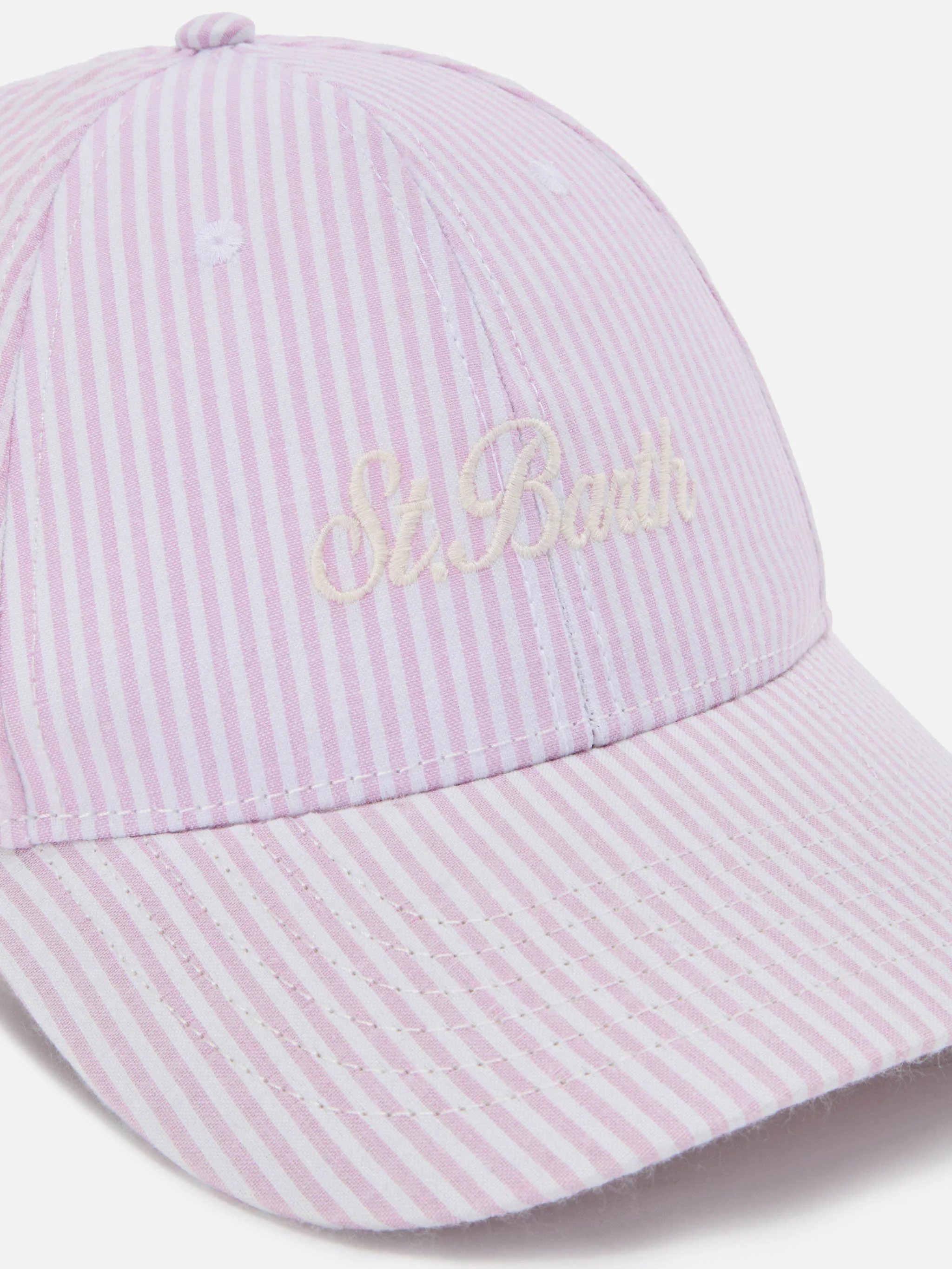 Baseball cap with visor in cotton seersucker with pink and white stripes - Image 2