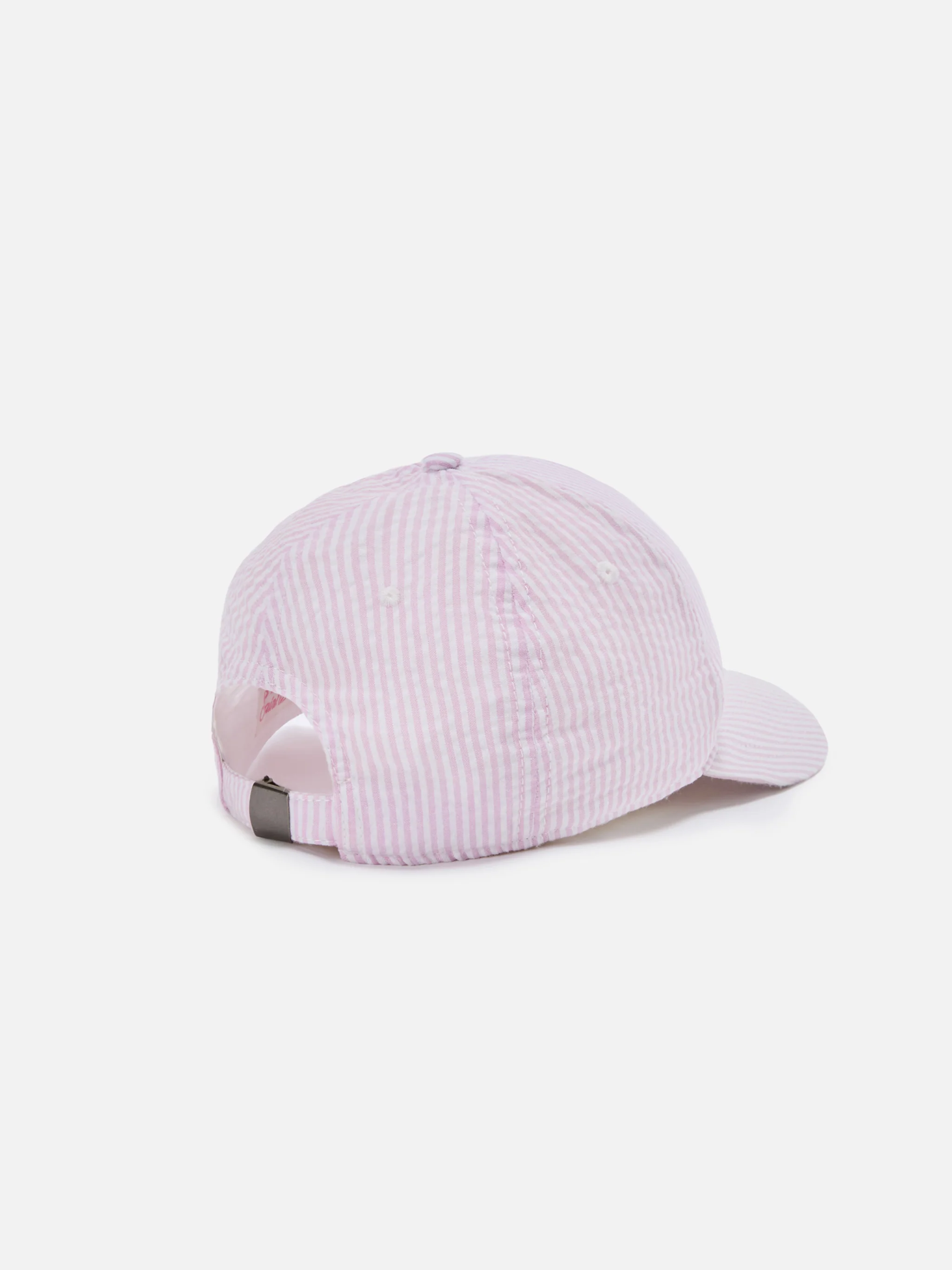 Baseball cap with visor in cotton seersucker with pink and white stripes - Image 3
