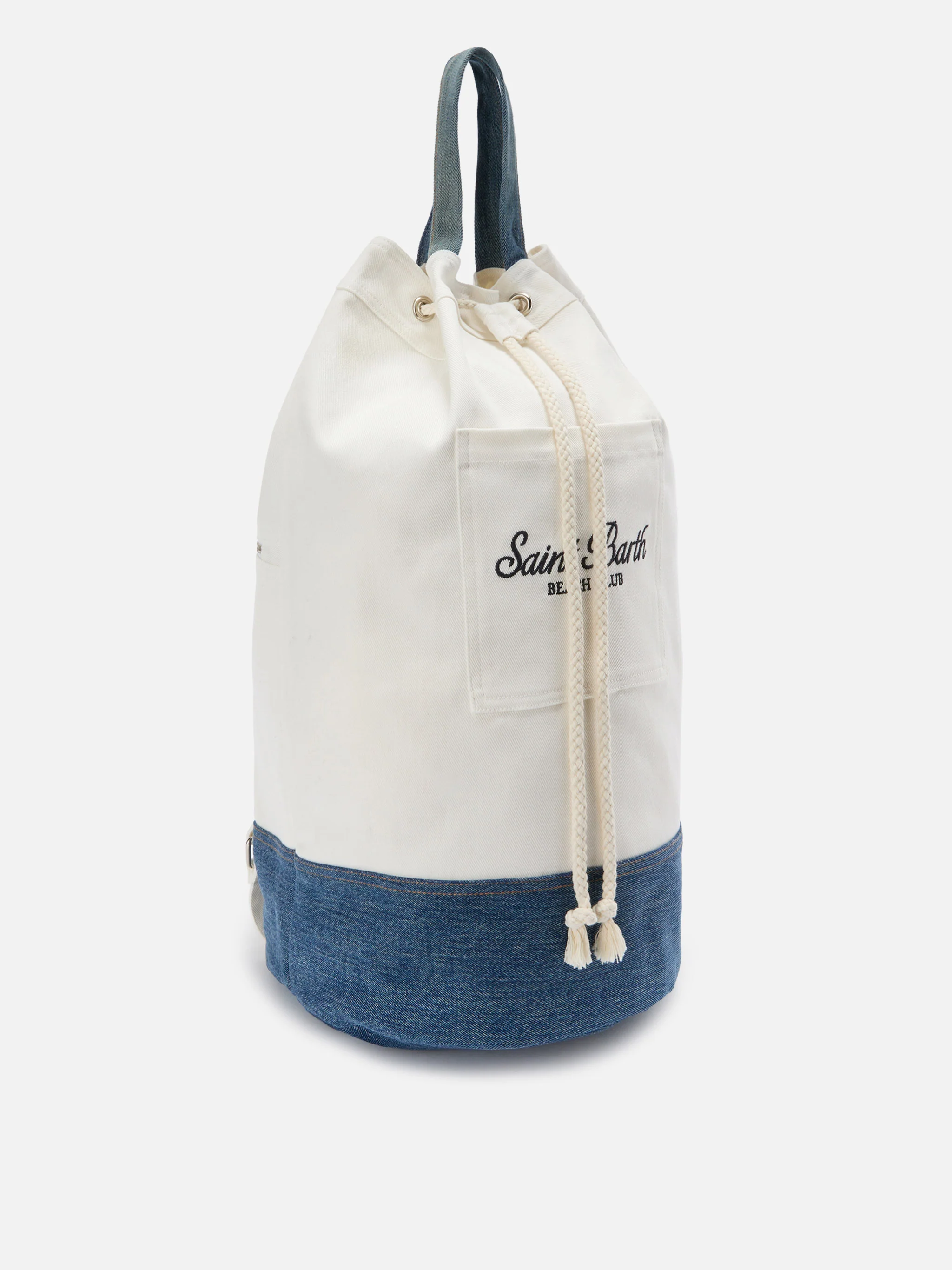 Beach Backpack in fabric white and light blue with embroidered logo - Image 3
