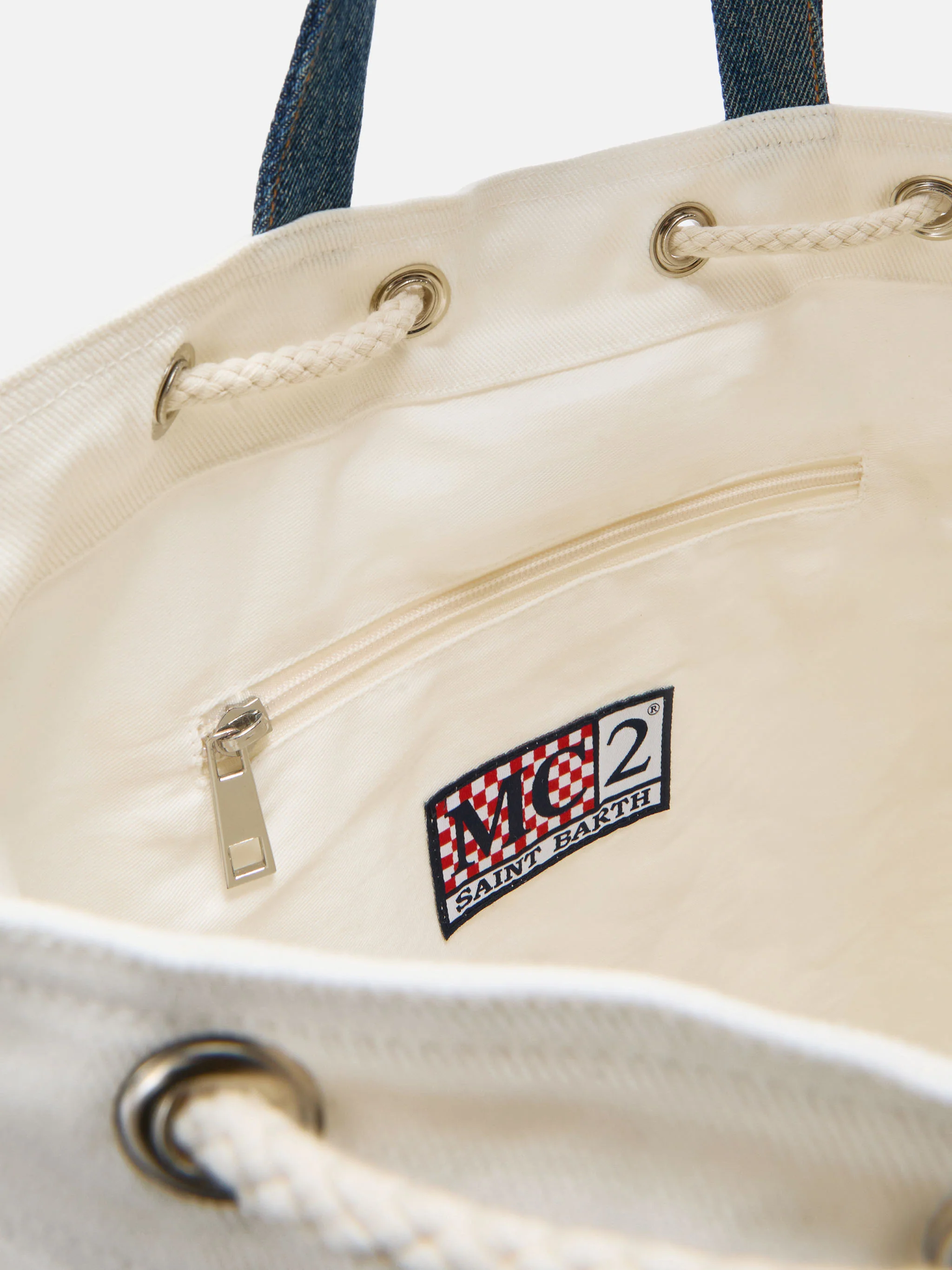 Beach Backpack in fabric white and light blue with embroidered logo - Image 5