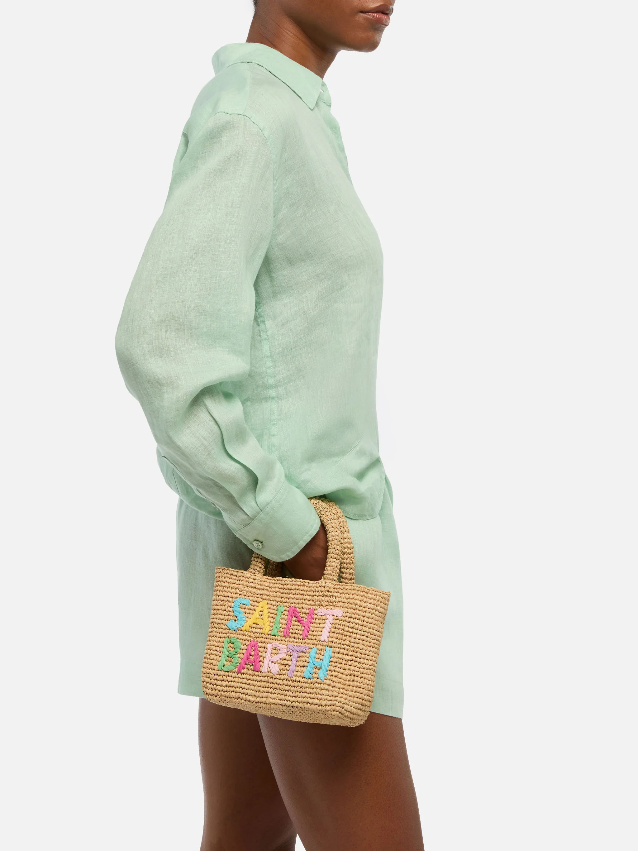 Beach mini raffia bag with multicolor embroidered logo - Image 2