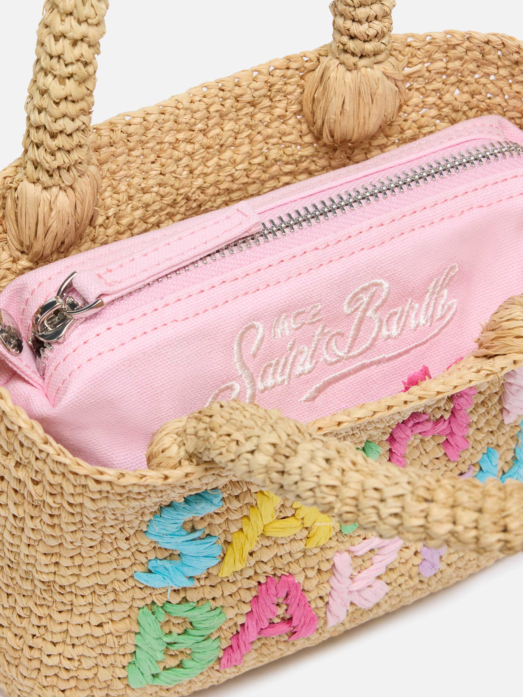 Beach mini raffia bag with multicolor embroidered logo - Image 4