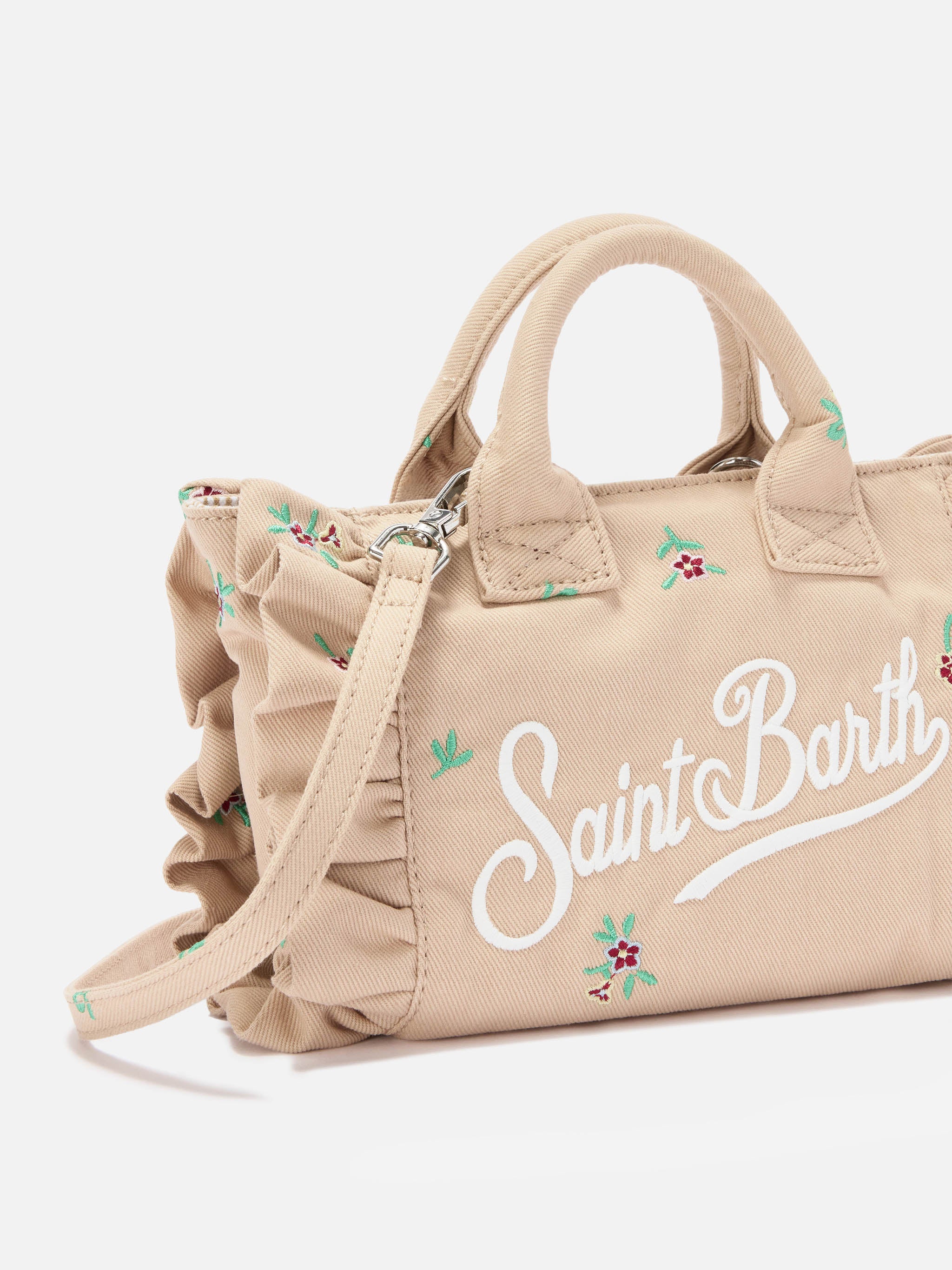 Beige Denim Vanity mini volant bag with embroidered flowers - Image 3
