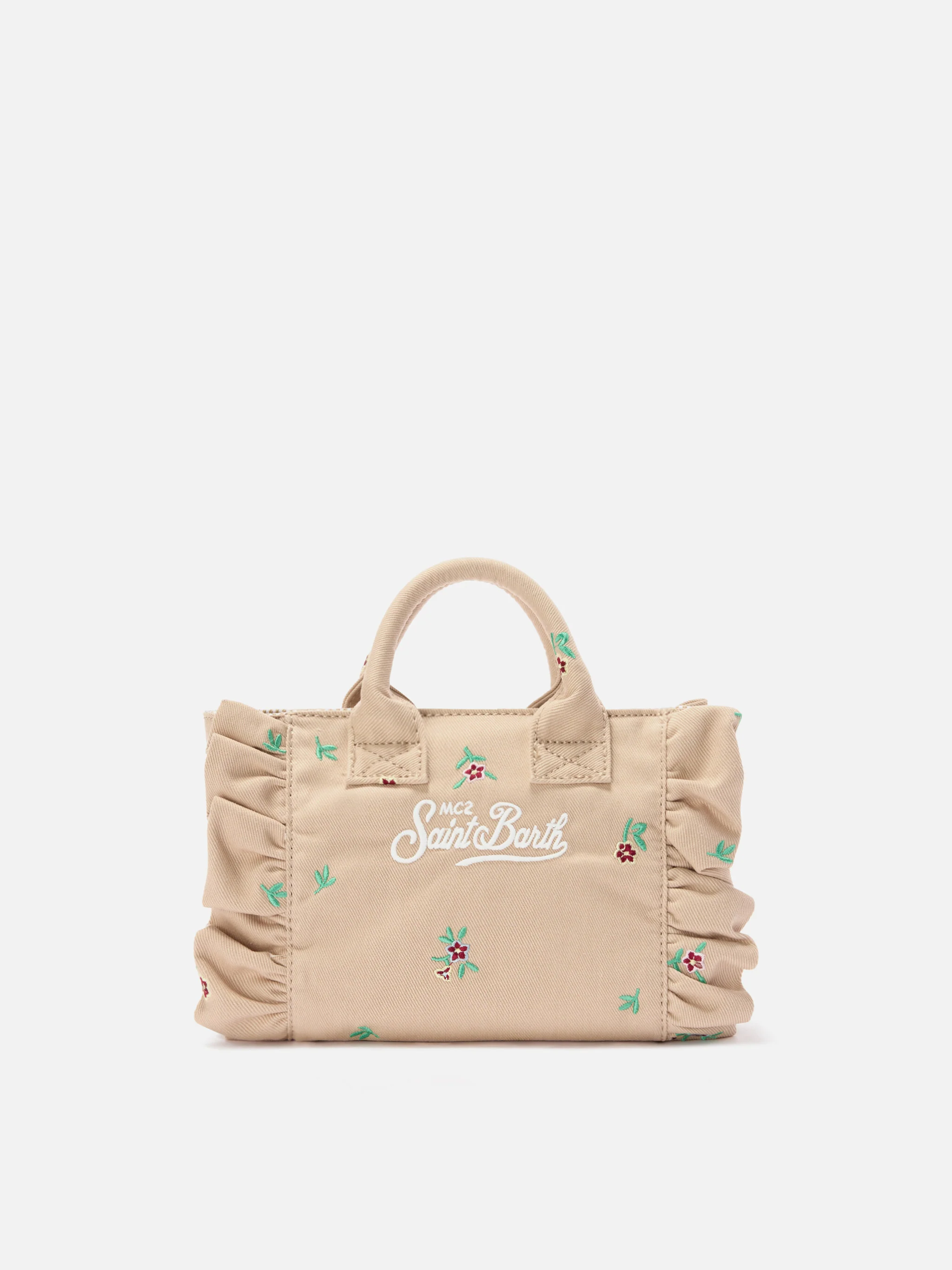 Beige Denim Vanity mini volant bag with embroidered flowers - Image 4