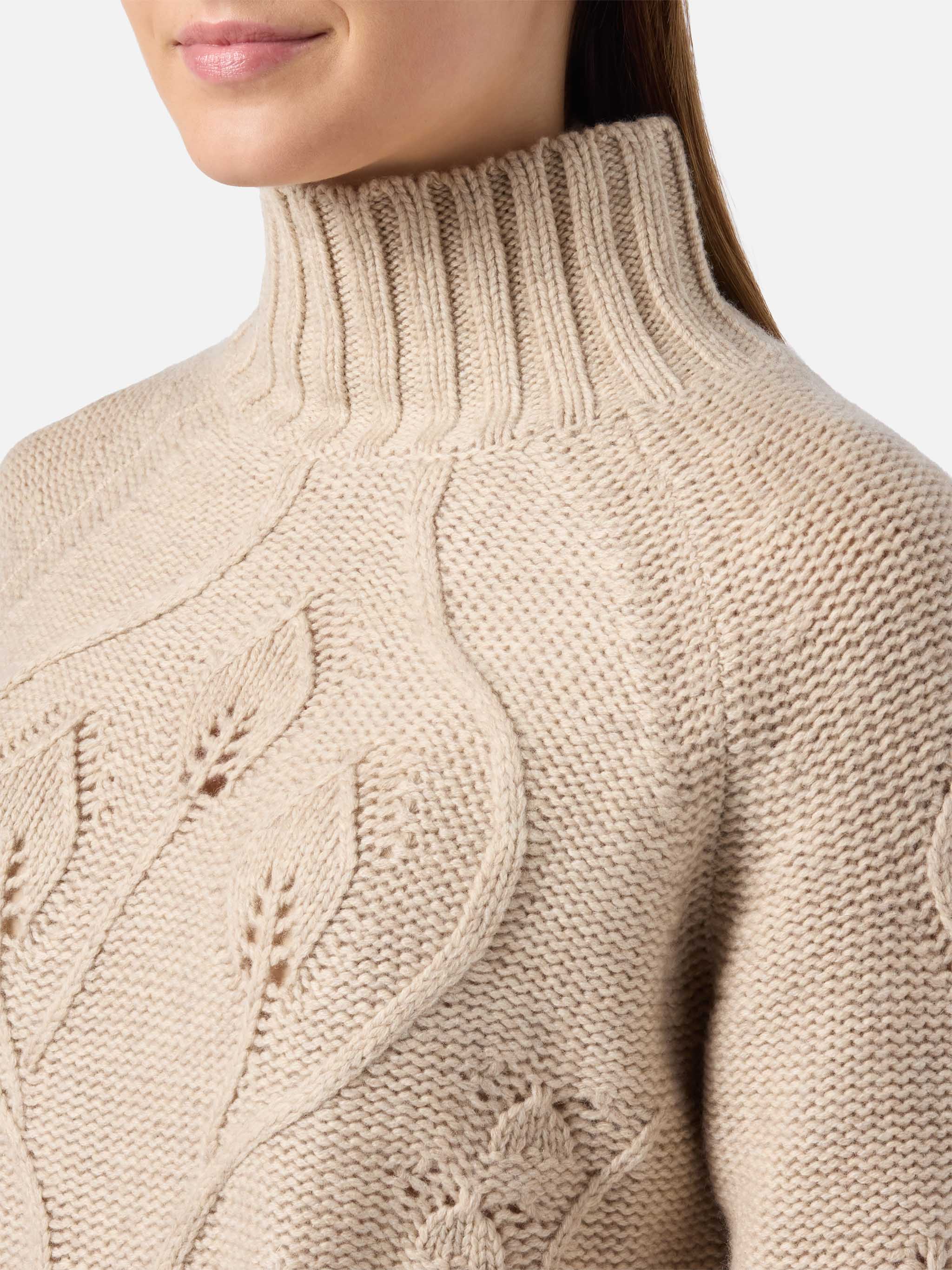 Beige high-neck Alais sweater in cashmere blend with 3D flowers - Image 2