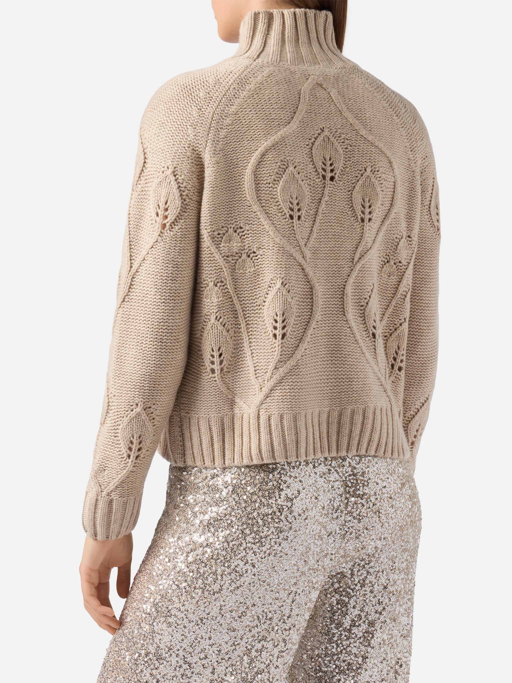 Beige high-neck Alais sweater in cashmere blend with 3D flowers - Image 4