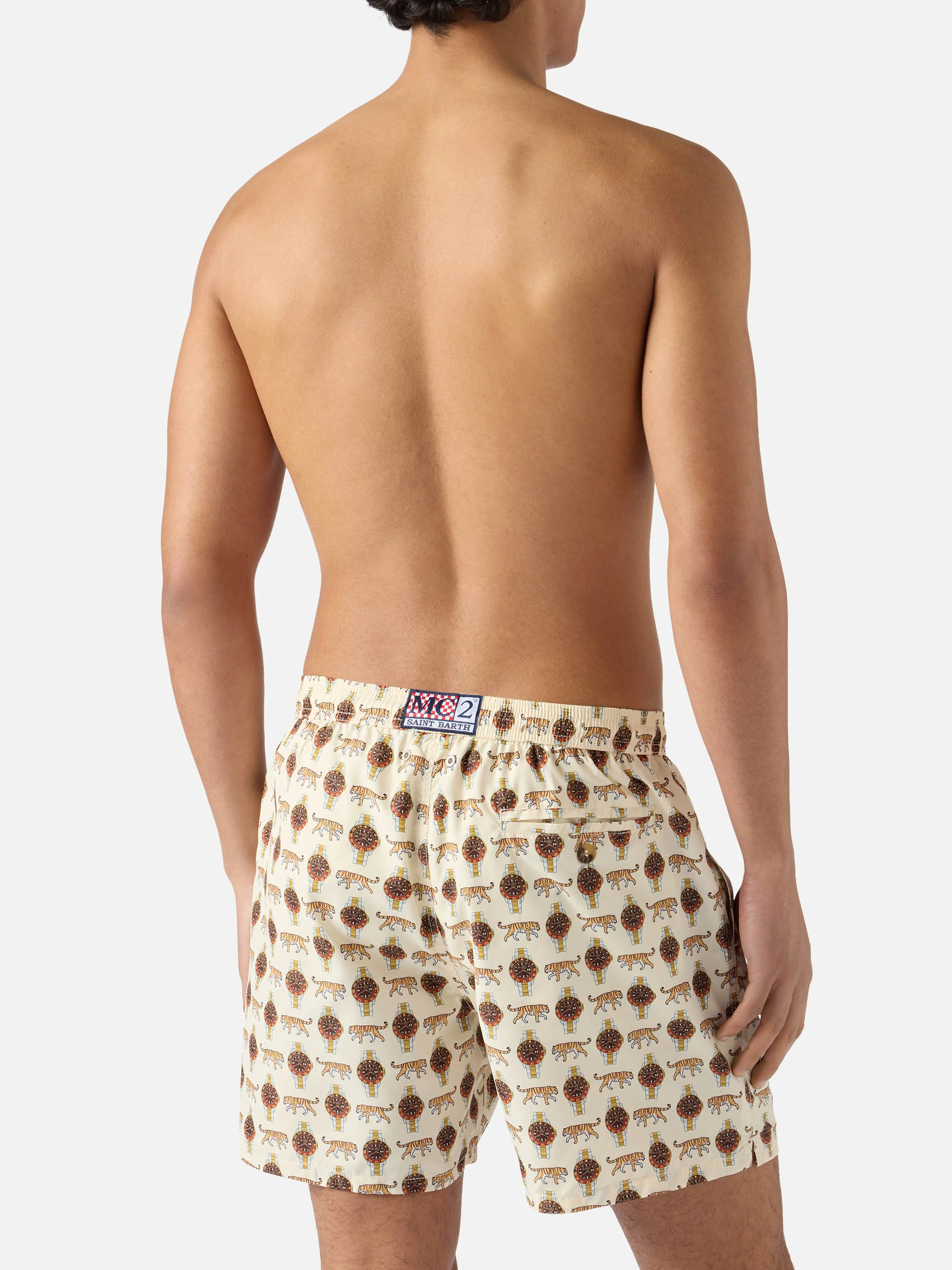 Beige Lighting Micro swim shorts with wild watch print - Image 5