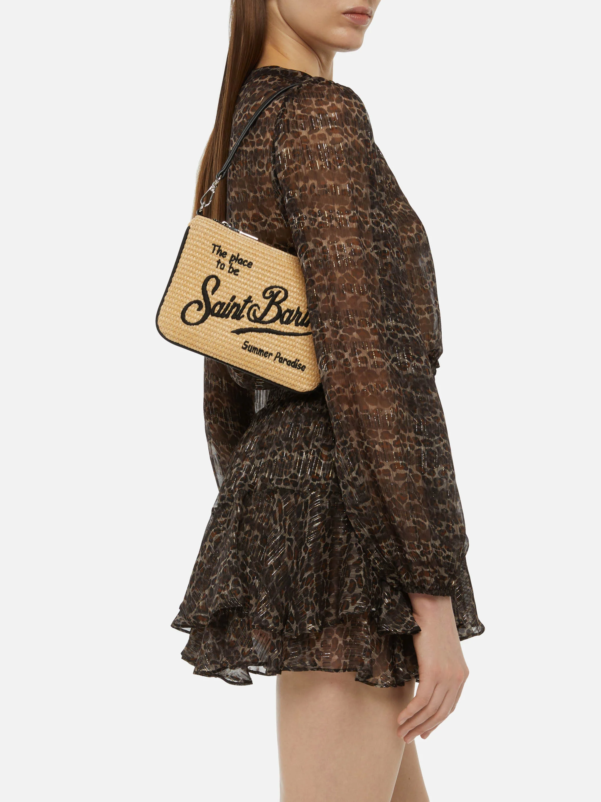 Mini Parisienne straw-effect pouch with black logo embroidery - Image 2