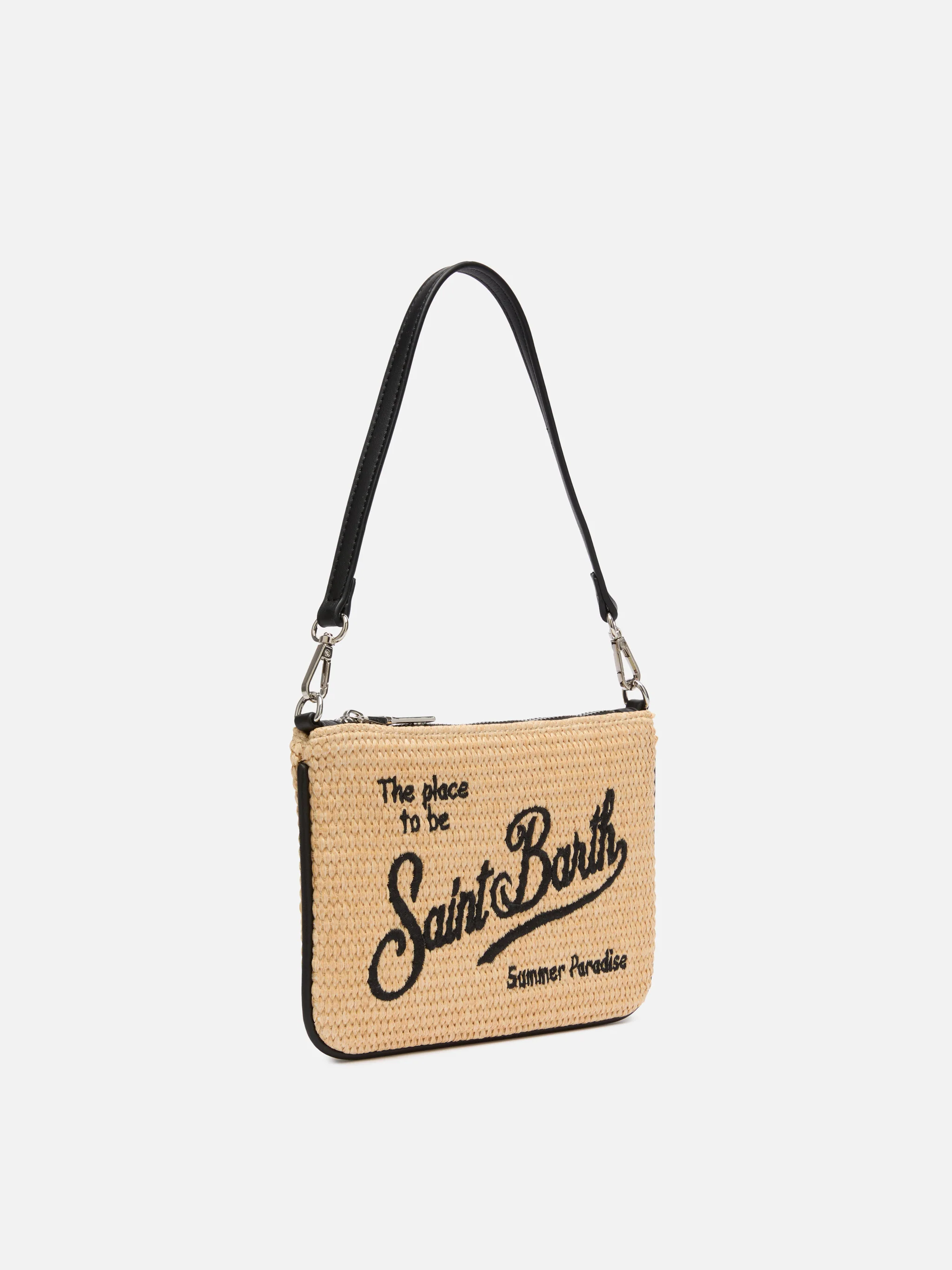 Mini Parisienne straw-effect pouch with black logo embroidery - Image 4