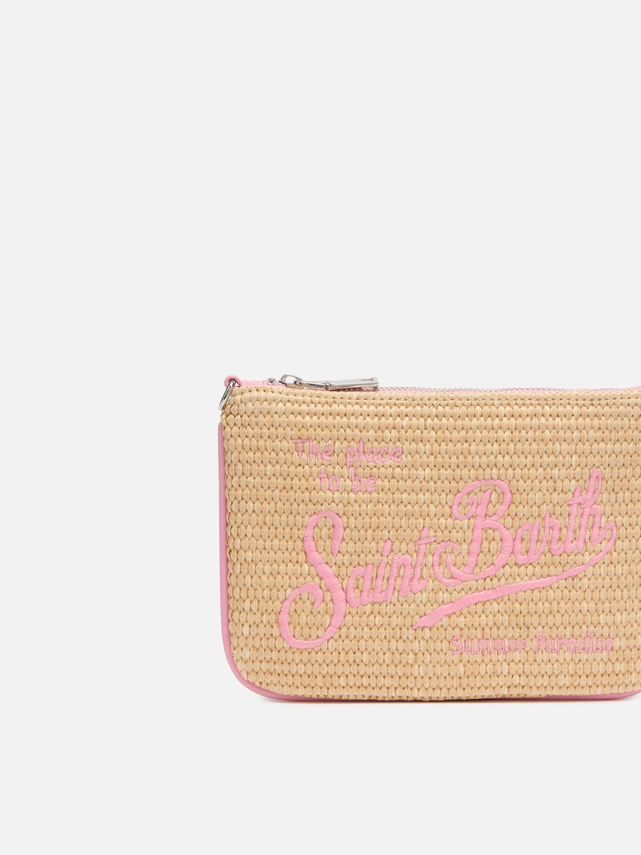 Mini Parisienne straw-effect pouch with pink logo embroidery - Image 3