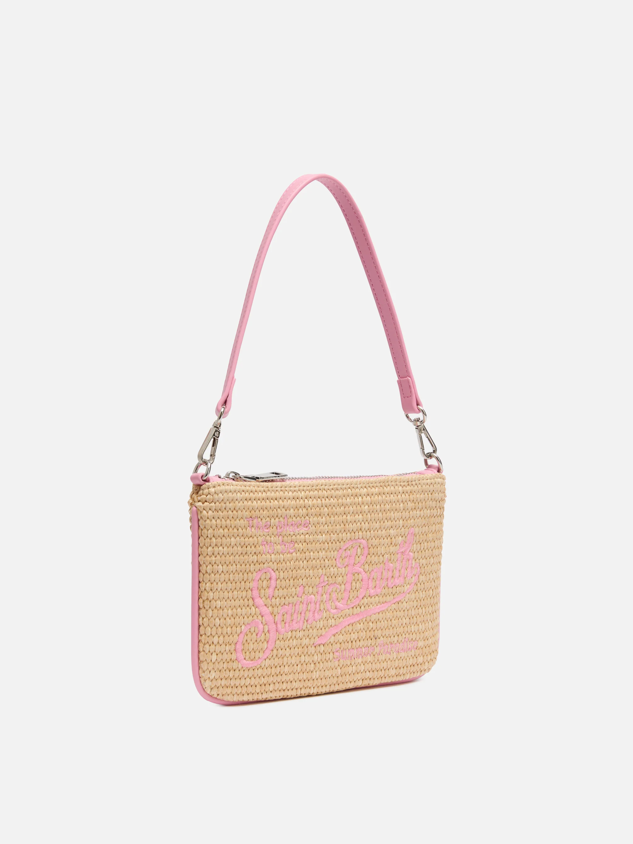 Mini Parisienne straw-effect pouch with pink logo embroidery - Image 4
