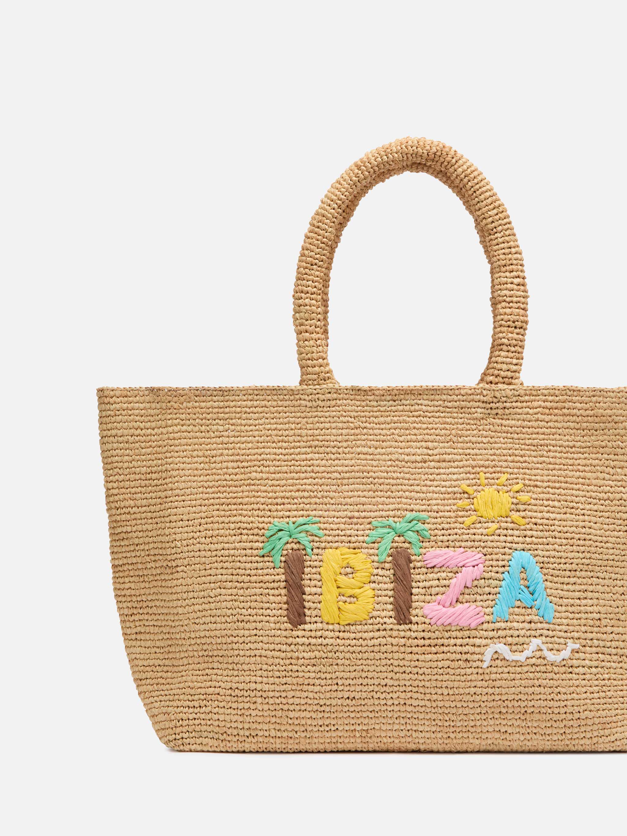 Beige Raffia Beach bag with cotton pouch and Ibiza embroidery - Image 3