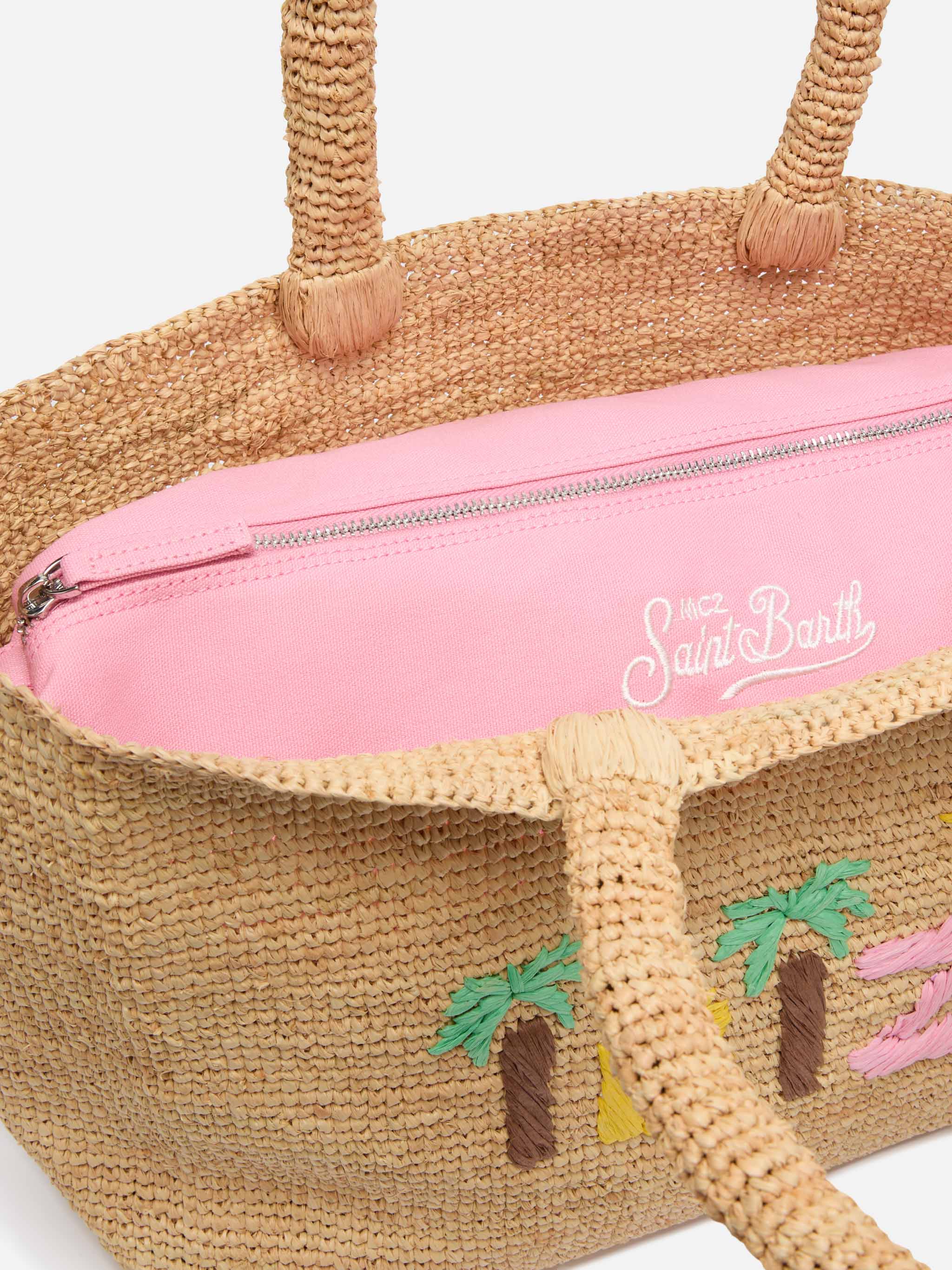 Beige Raffia Beach bag with cotton pouch and Ibiza embroidery - Image 6
