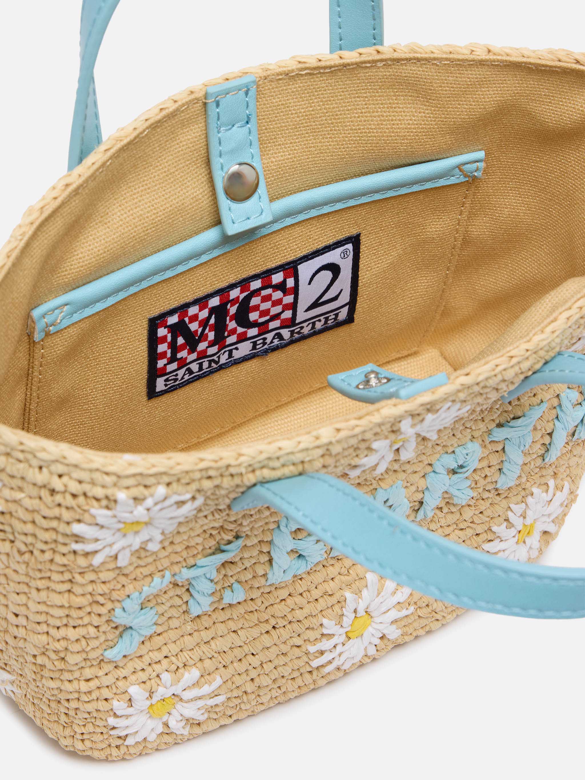 Beige Raffia City Mini bag with daisy embroidery - Image 5