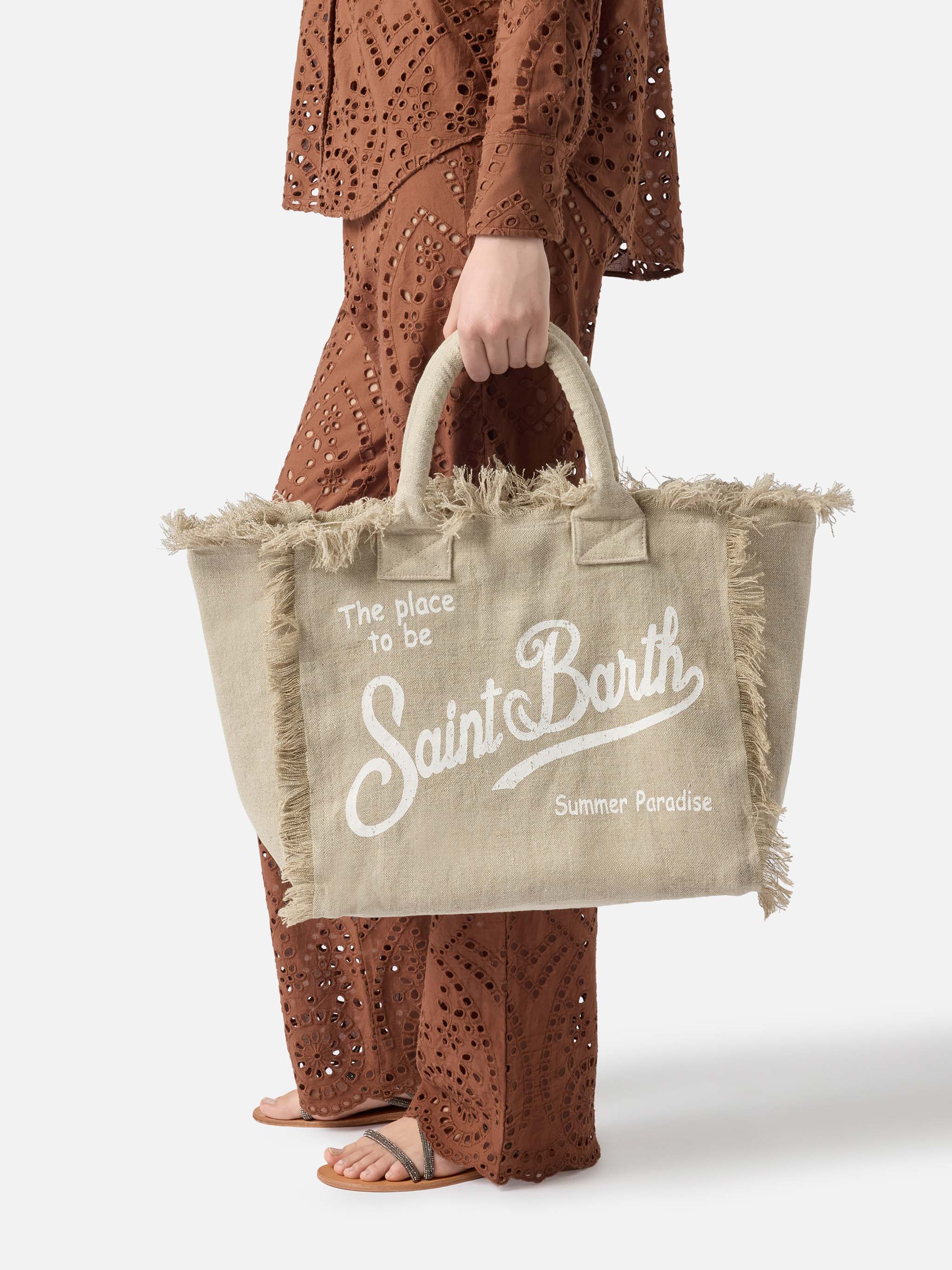 Beige solid color linen Vanity regular bag - Image 2