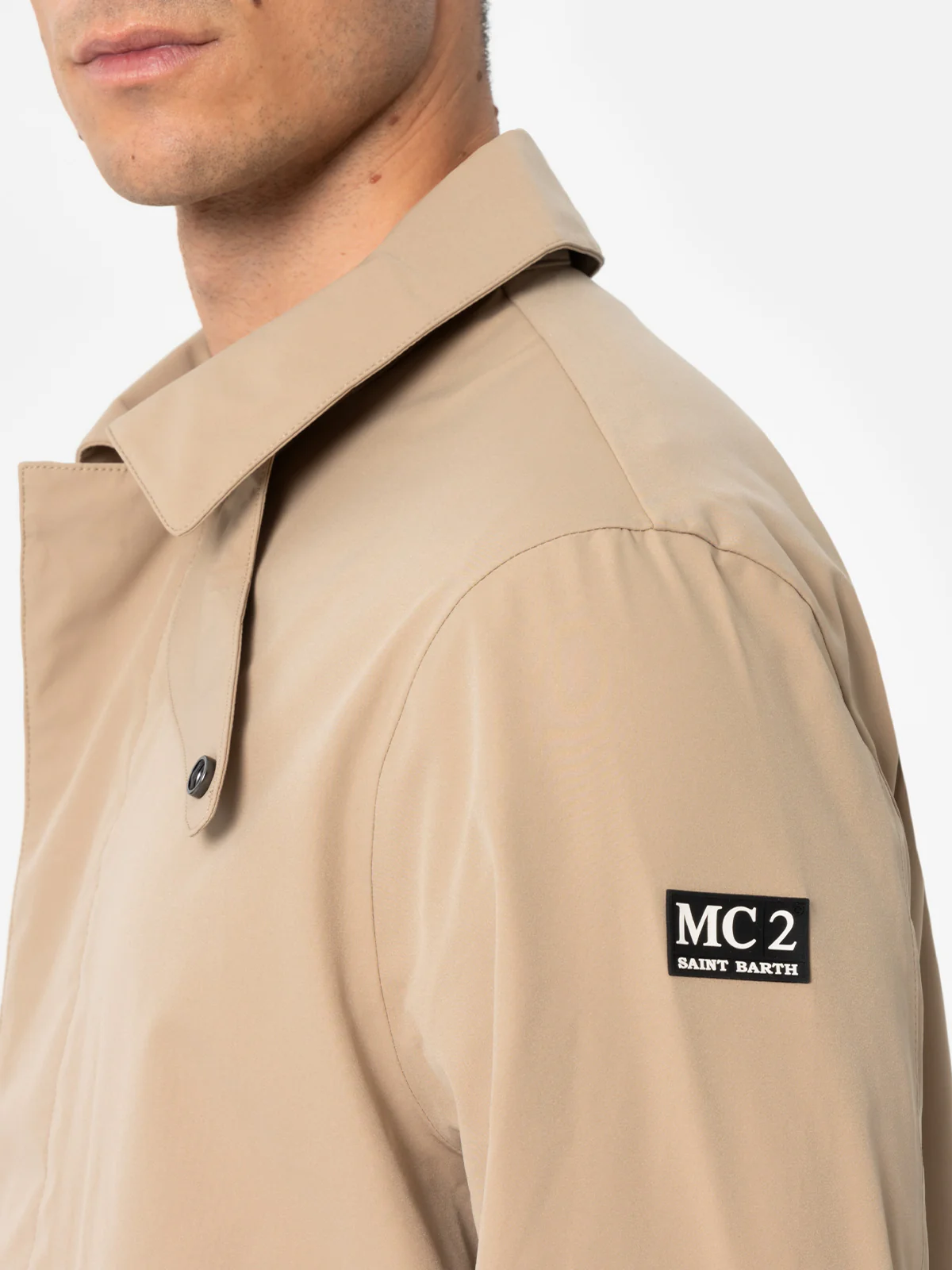 Beige stretch fabric trench Elbert with welt - Image 2