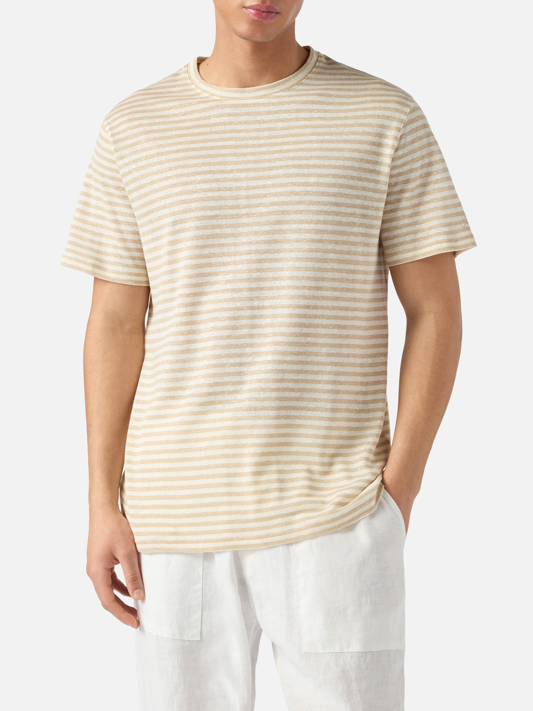 Beige striped Dover cotton t-shirt with logo embroidery - Image 2