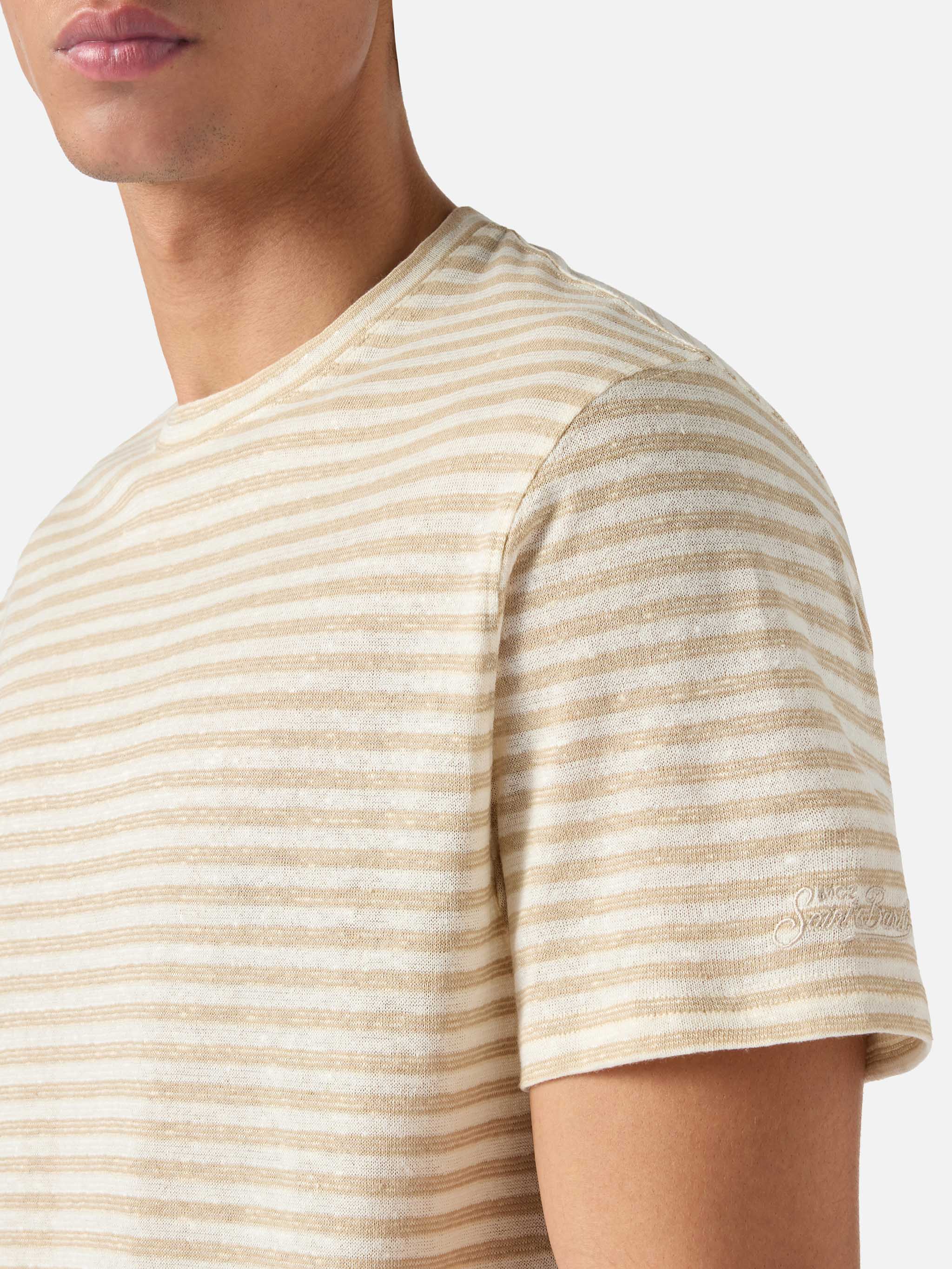 Beige striped Dover cotton t-shirt with logo embroidery - Image 3