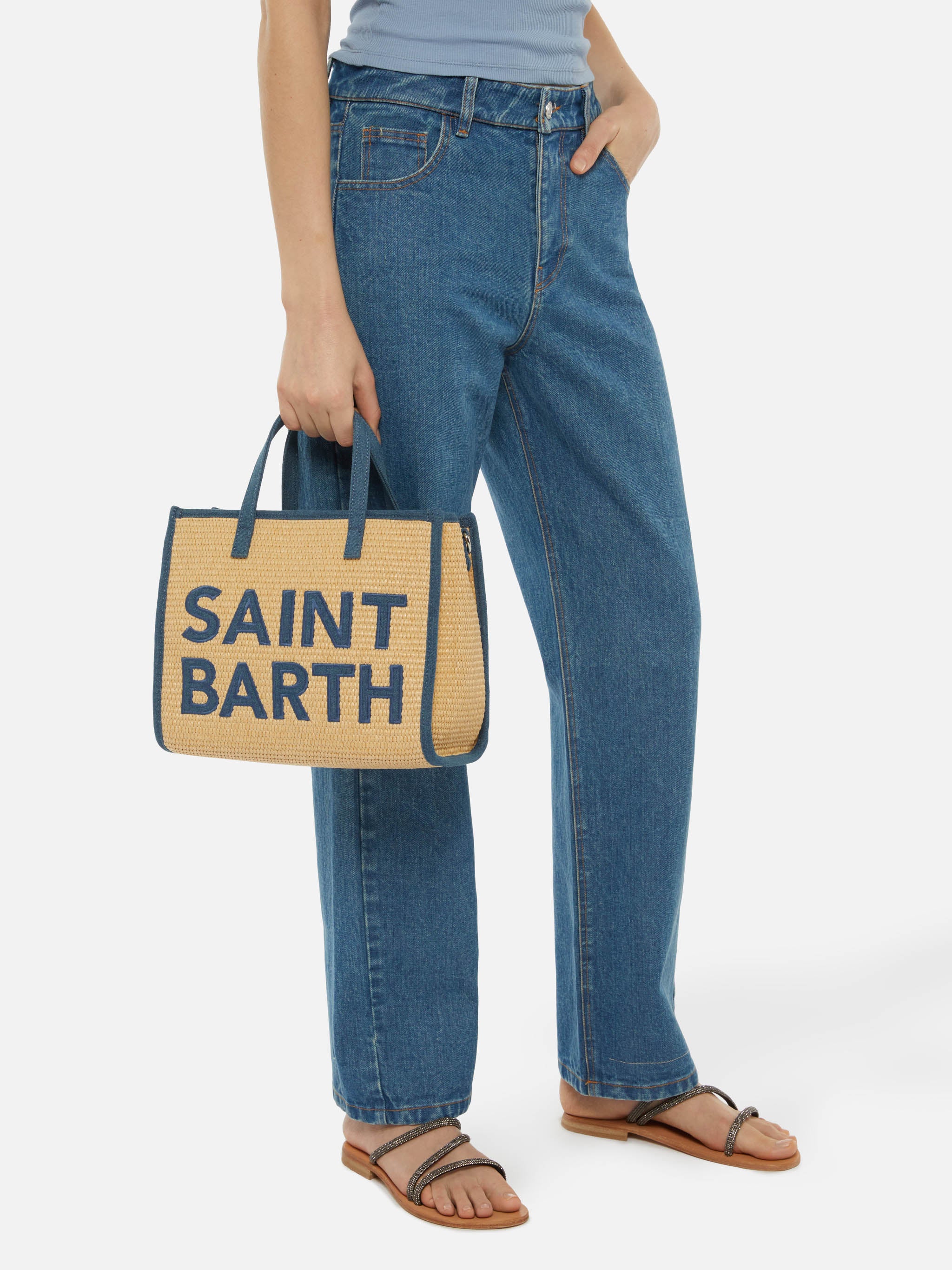 Vivian Mid Straw beige straw effect handbag with denim patch - Image 2