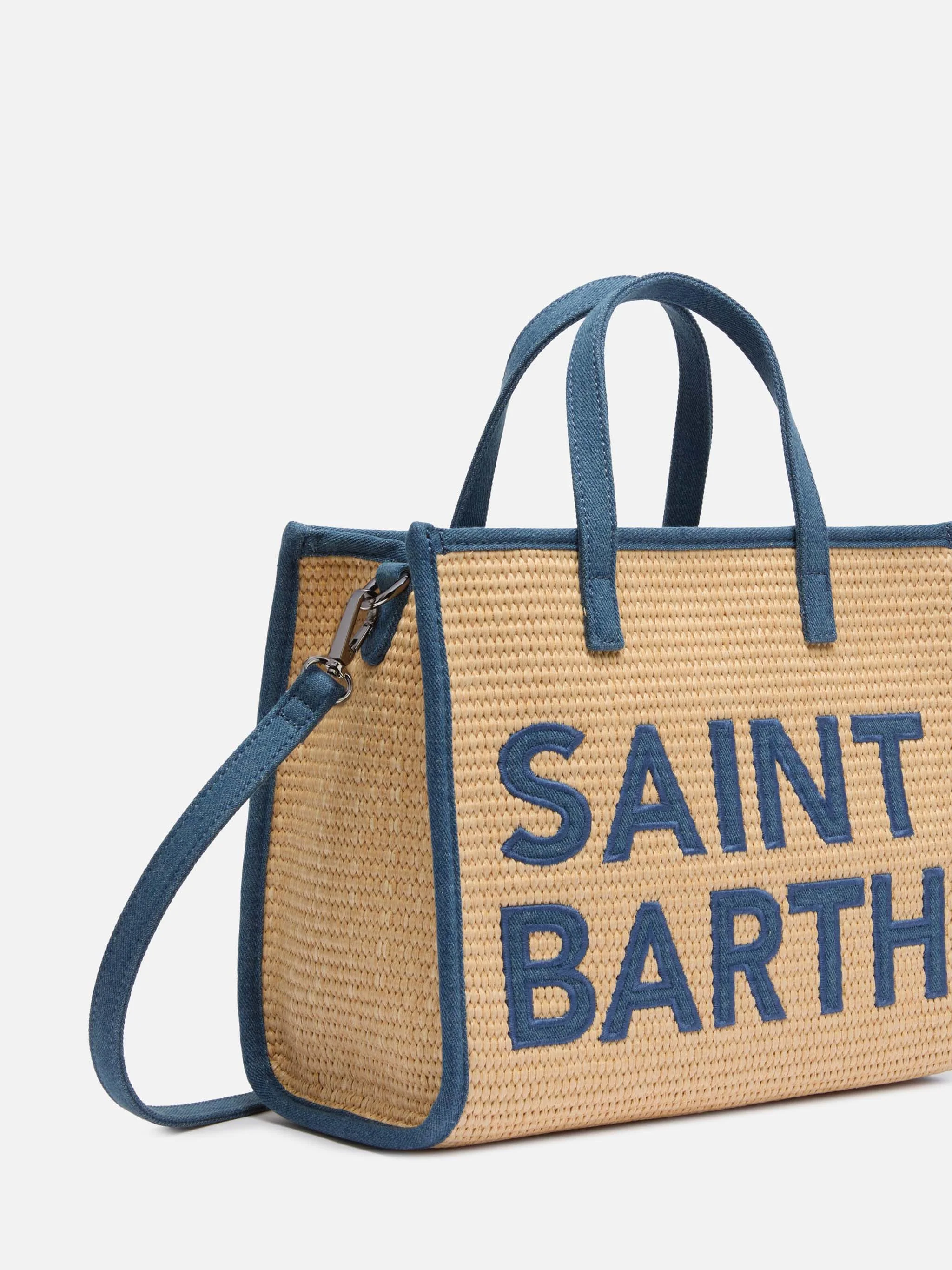 Vivian Mid Straw beige straw effect handbag with denim patch - Image 3