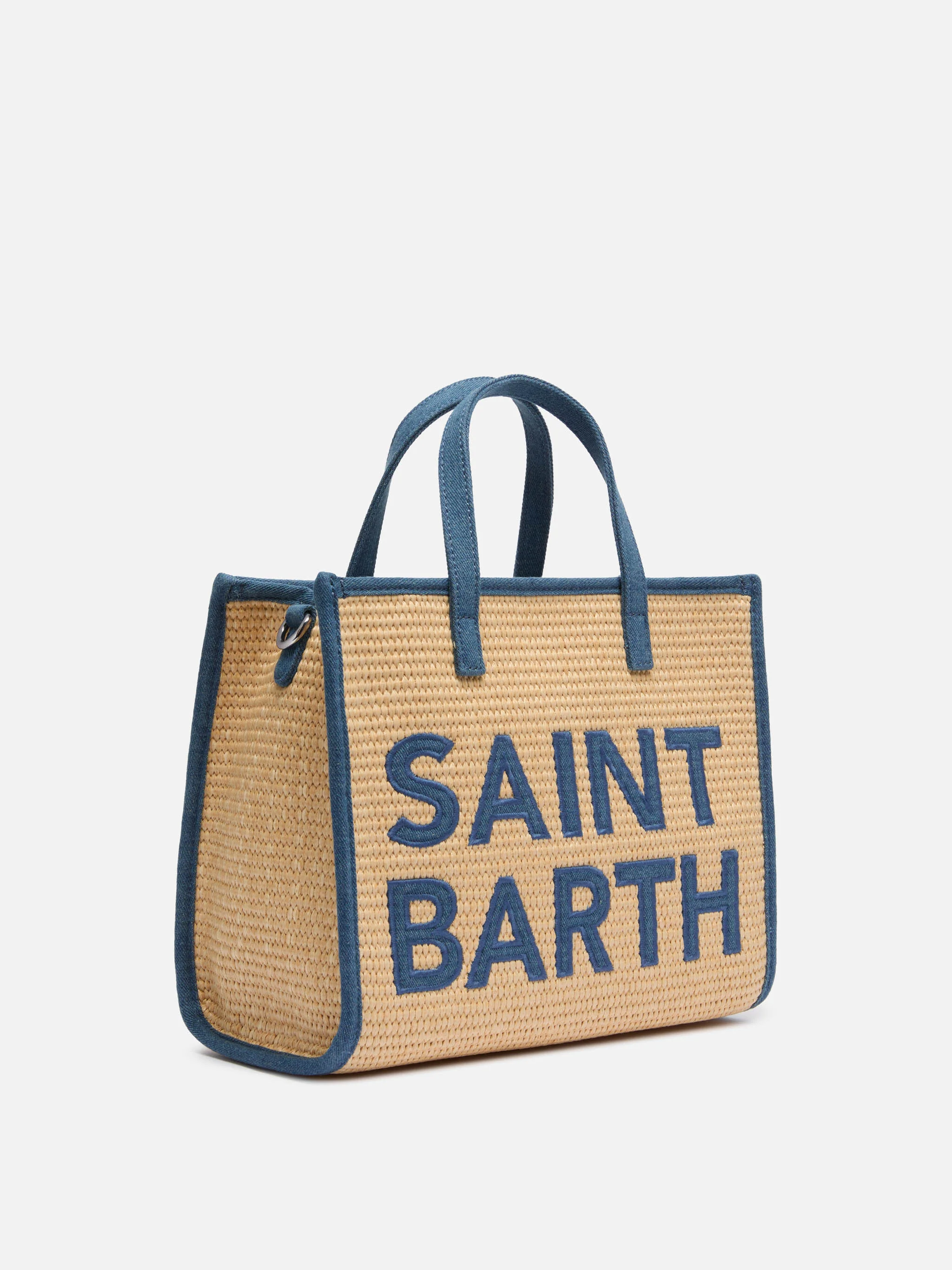 Vivian Mid Straw beige straw effect handbag with denim patch - Image 4
