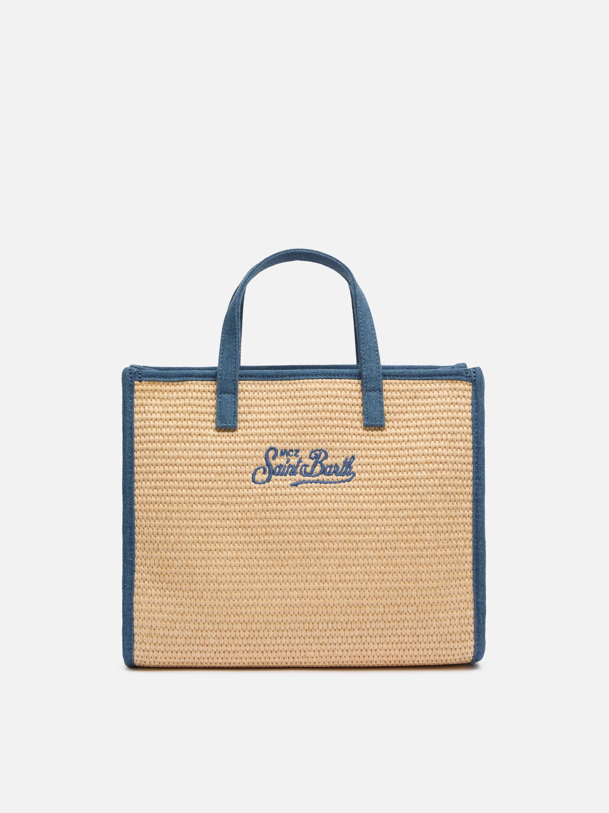 Vivian Mid Straw beige straw effect handbag with denim patch - Image 5