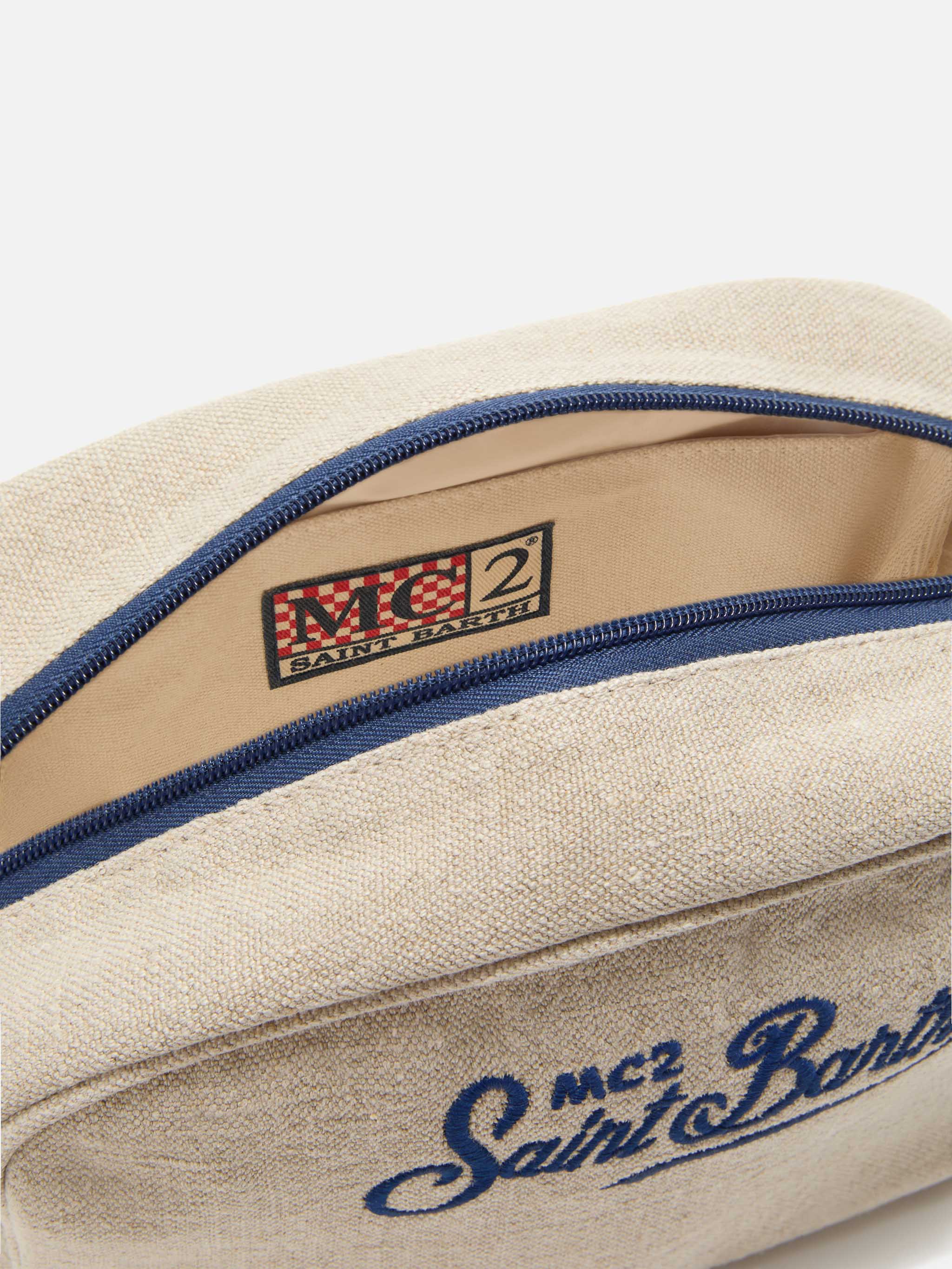 Beige Westwood linen beauty bag with embroidered logo - Image 4