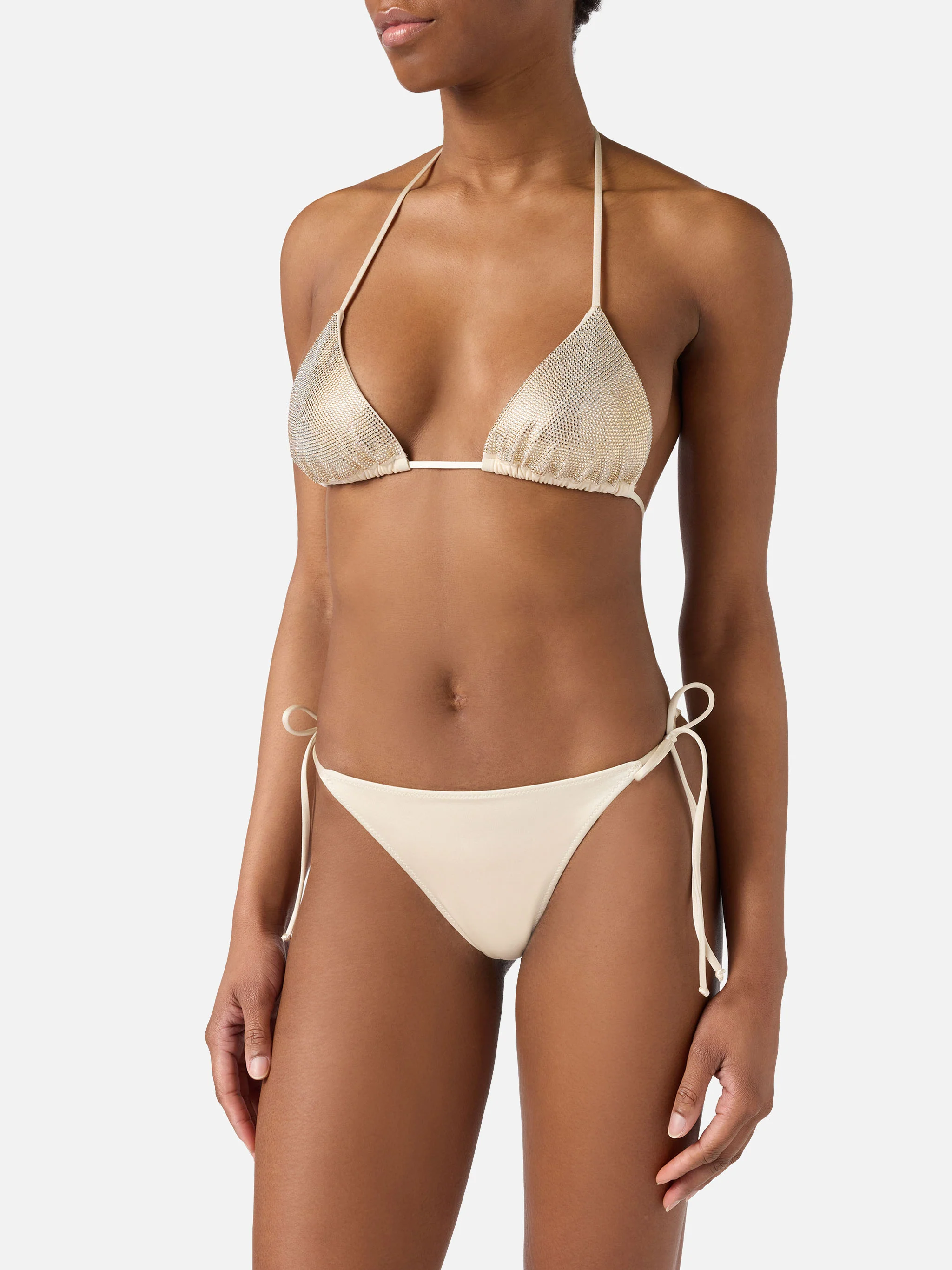 Bikini Maleah triangle in gold glossy-finish fabric with rhinestone embellishments - Image 2