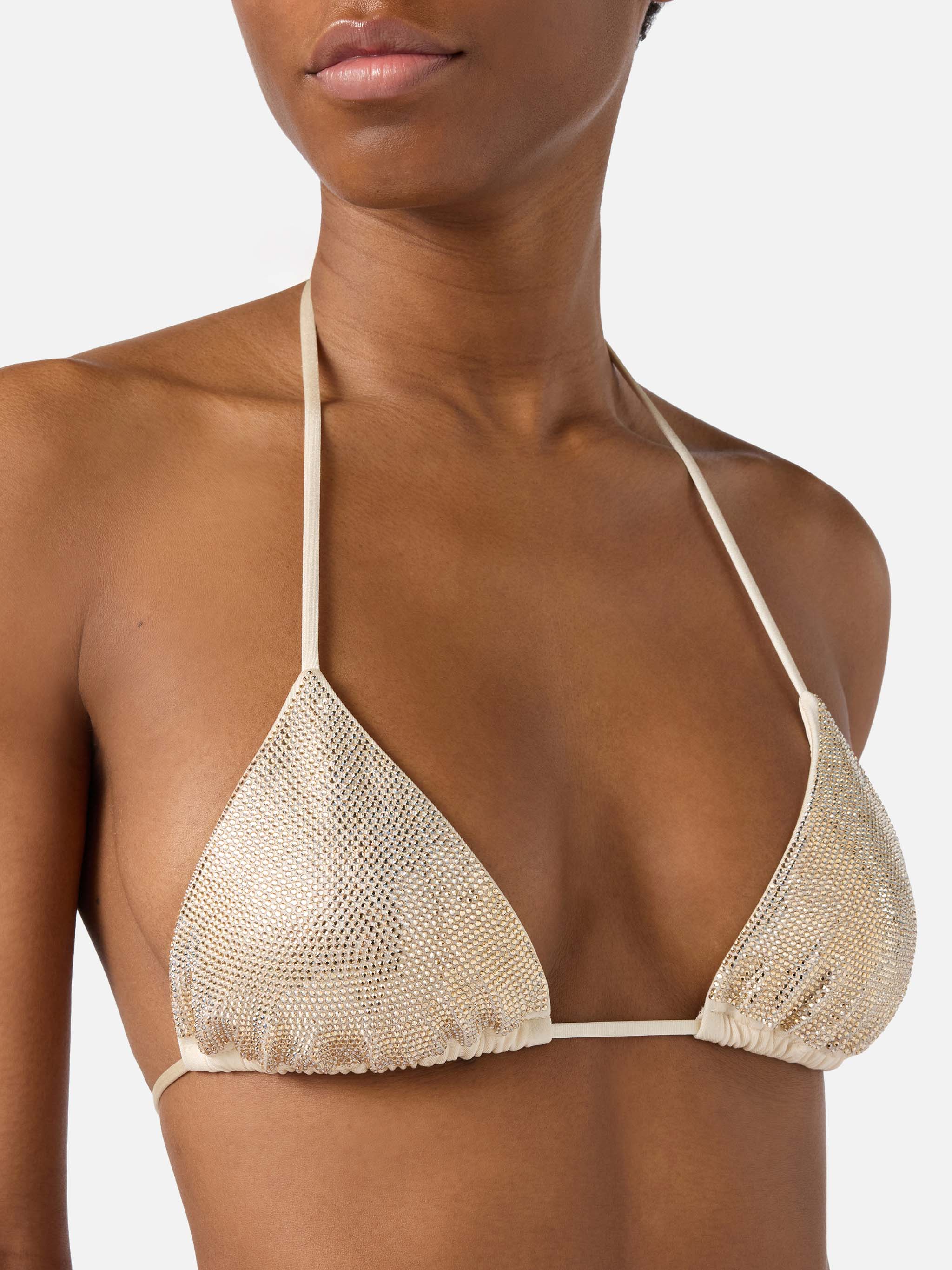 Bikini Maleah triangle in gold glossy-finish fabric with rhinestone embellishments - Image 3