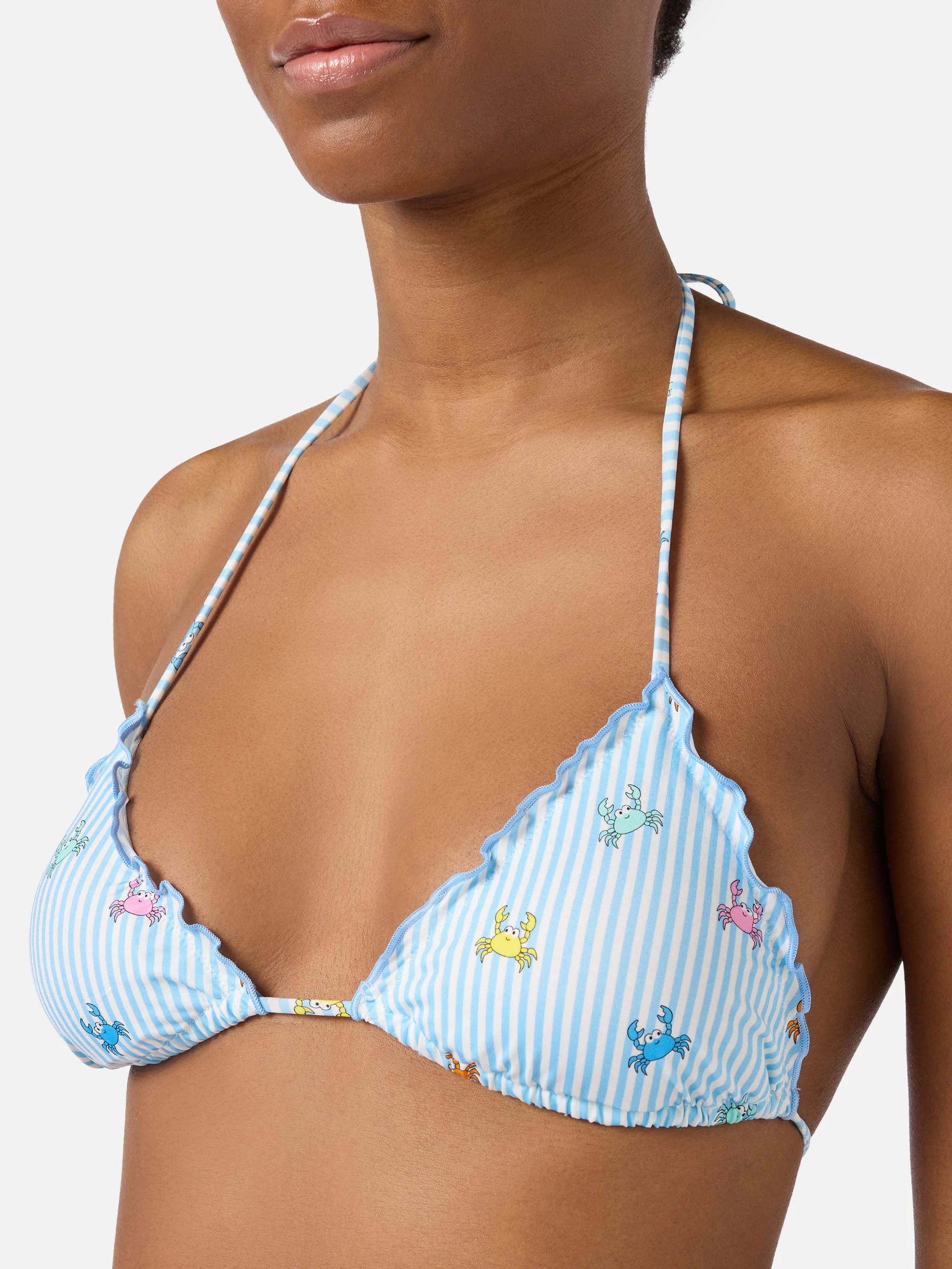 Bikini Sagitami triangle with white and light blue stripes and crab print - Image 3