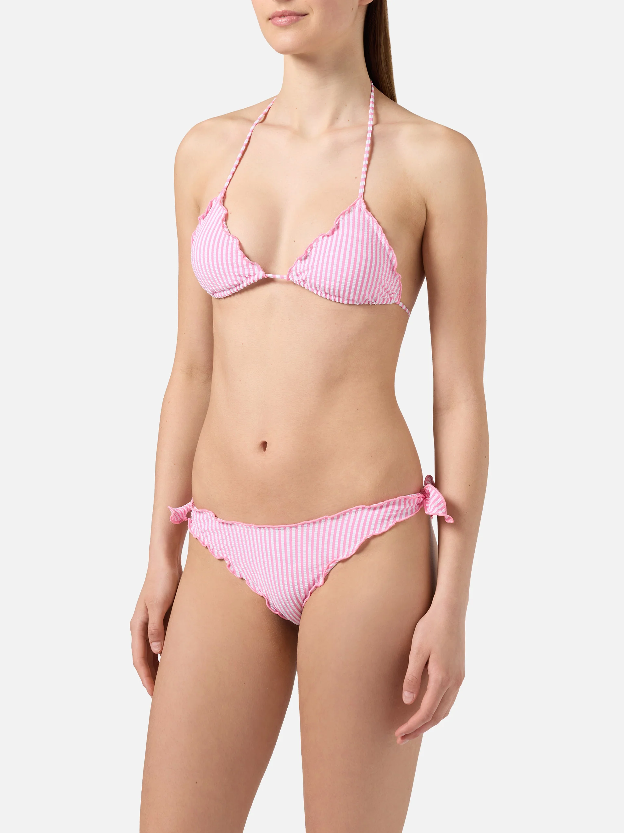 Bikini Sarius triangle in white and pink striped seersucker - Image 2